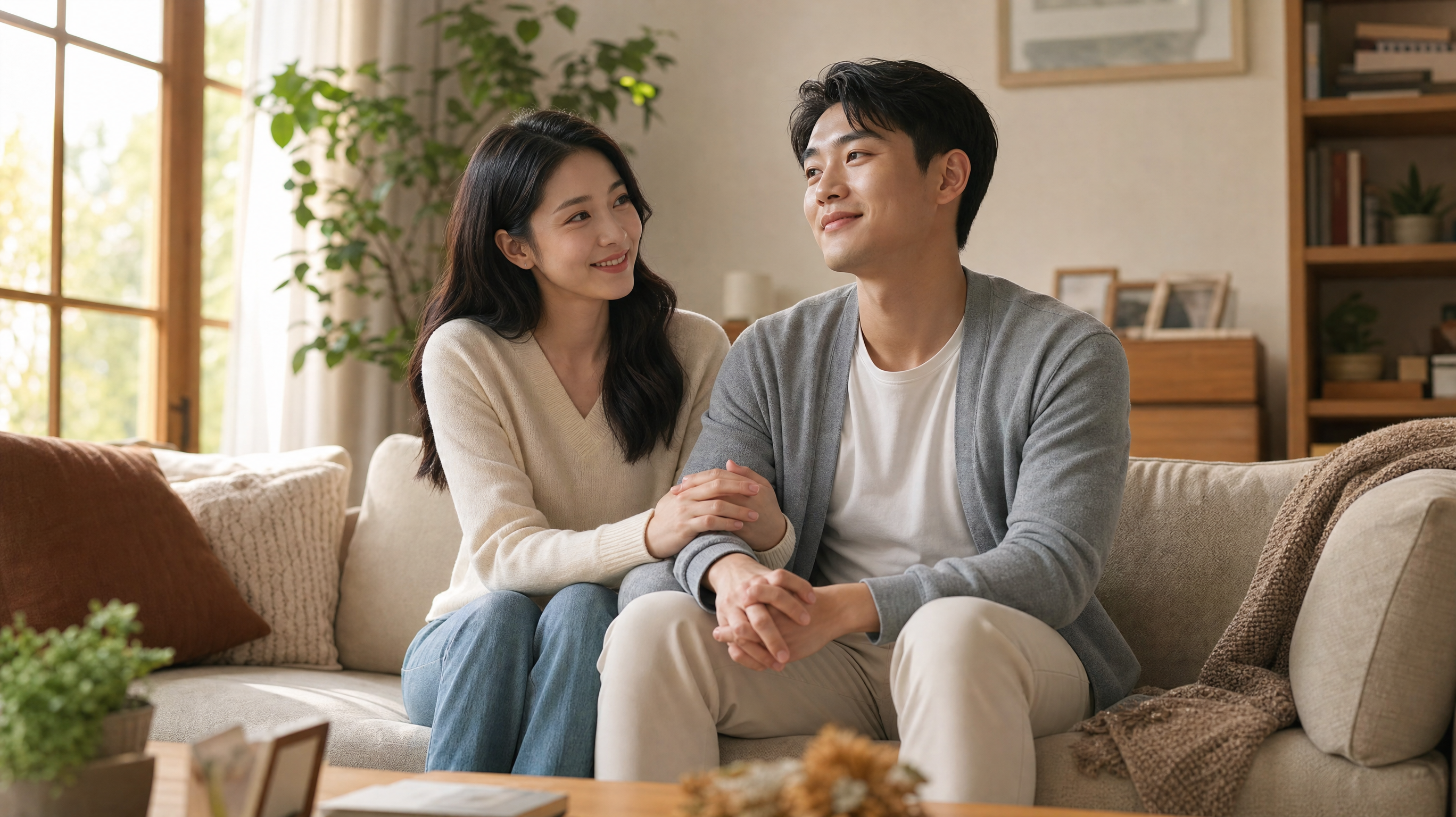 A young Chinese couple sitting on a cozy living room sofa, the wife is smiling gently and holding the husband's hand, the husband looks relaxed and relieved, warm sunlight streaming through the window, soft cinematic lighting, high quality, 8k, photorealistic --ar 16:9