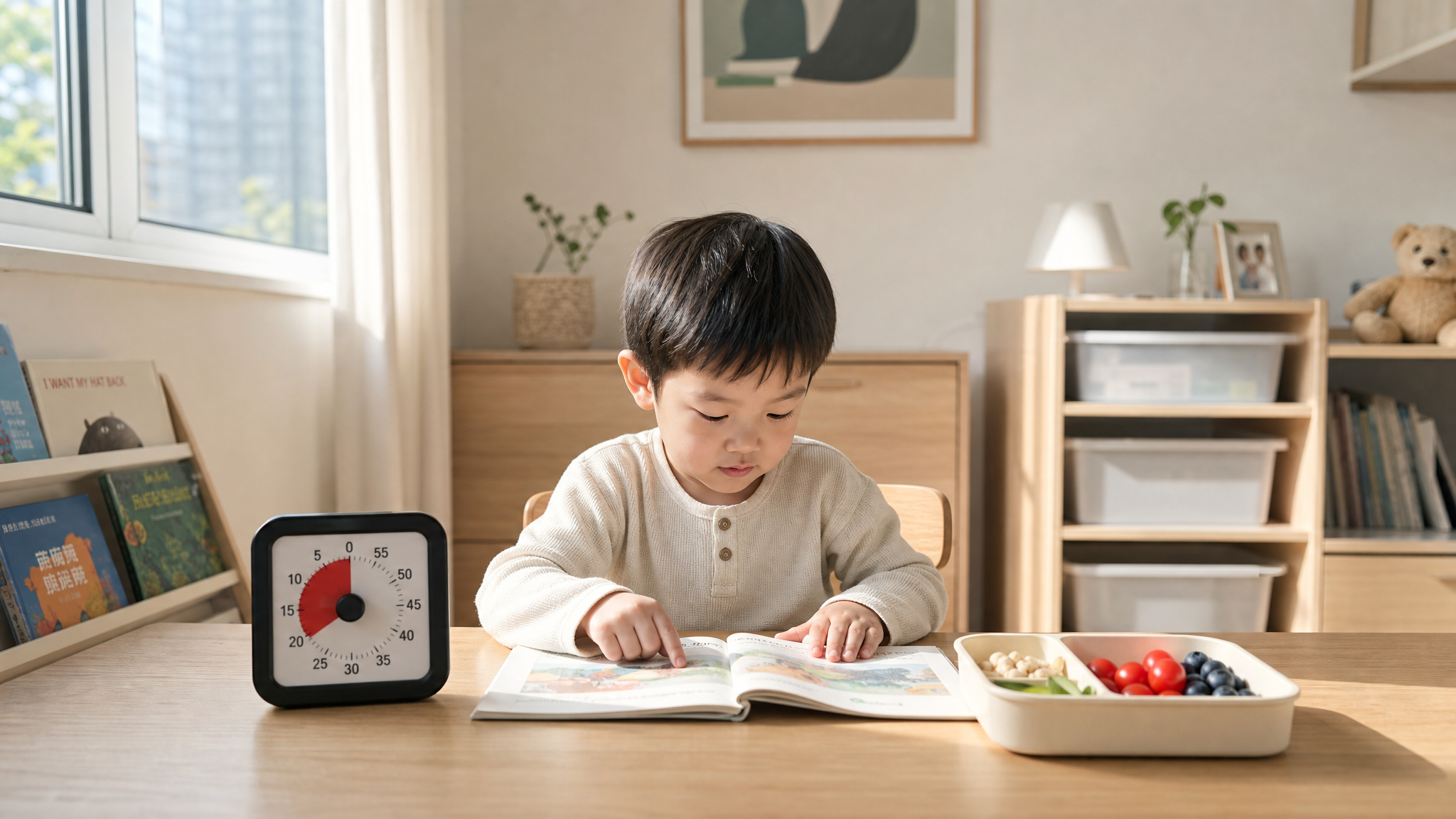 A bright and clean minimalist children's room. A cute Chinese toddler is sitting at a simple wooden desk, reading a physical picture book with a visual timer next to it. A divided bento box with healthy snacks is on the side. Natural sunlight streaming through the window, warm and cozy atmosphere, photorealistic, Midjourney v6 style.