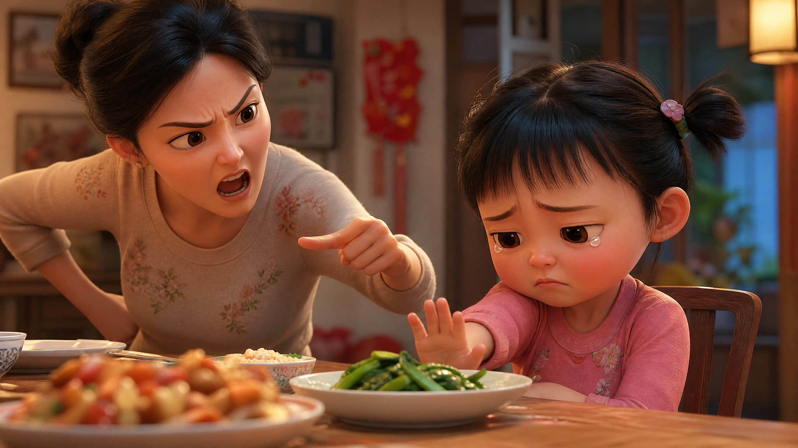 A high-quality illustration of a Chinese family di