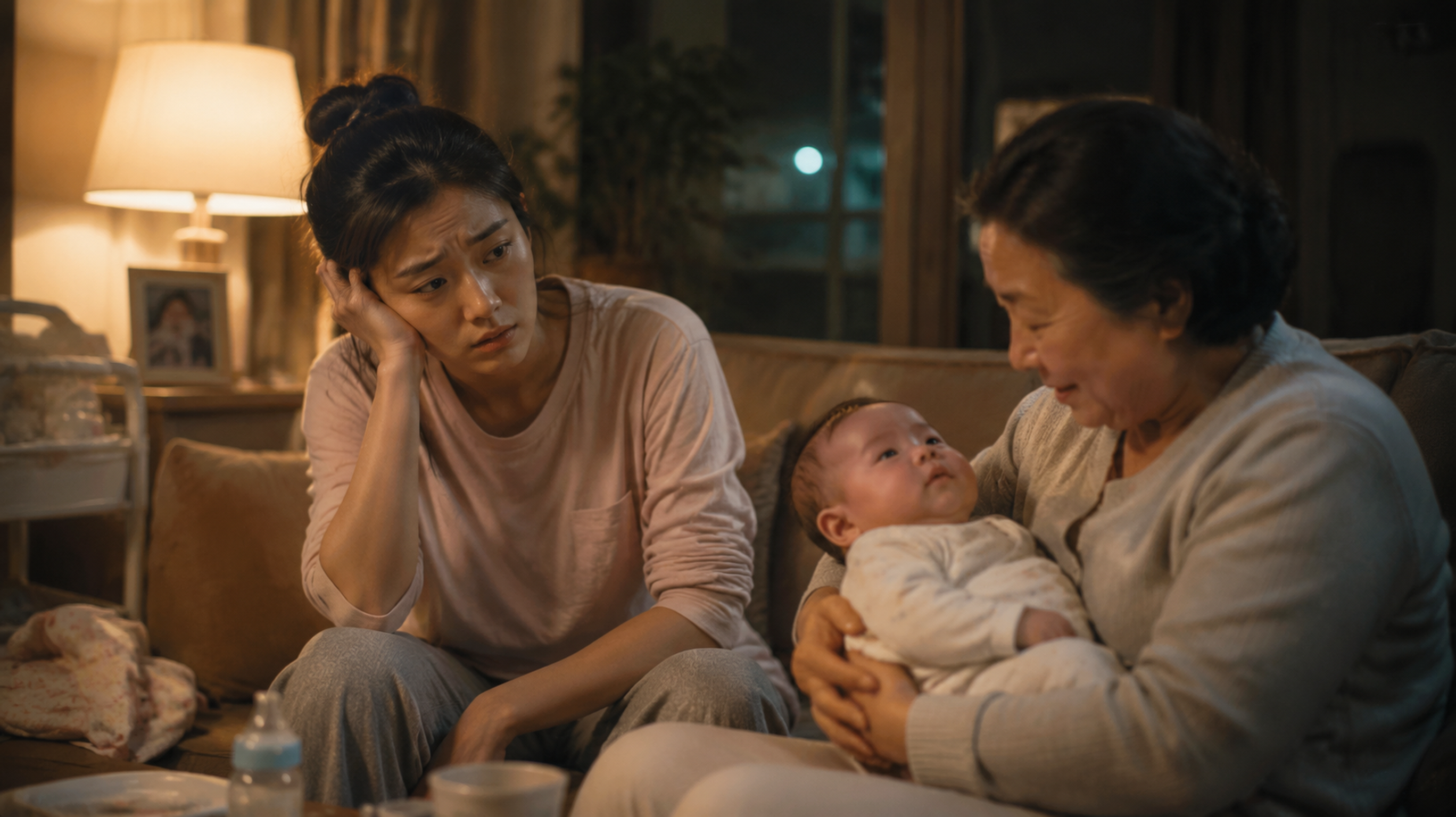 一位年轻的中国妈妈面容焦虑疲惫，看着旁边一位中国老年女性正抱着一个几个月大的婴儿。夜间室内场景，现代