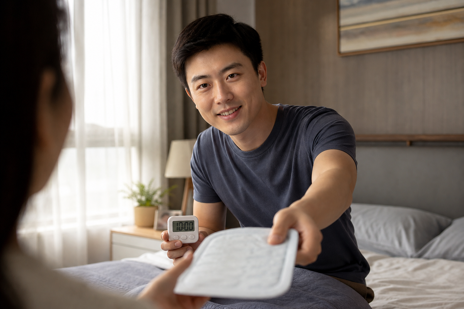 A caring young Chinese father in a cozy modern bed