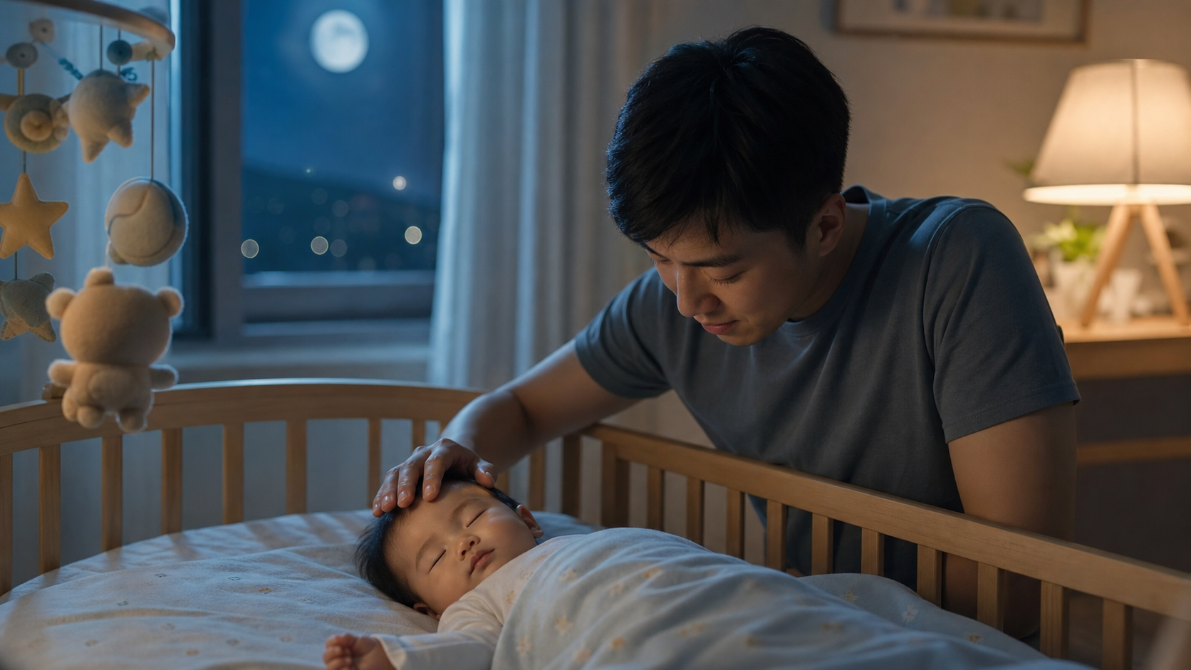 A caring Chinese father gently patting a 9-month-o