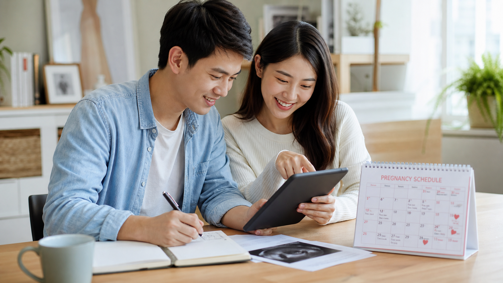 A loving young Chinese couple sitting at a bright 
