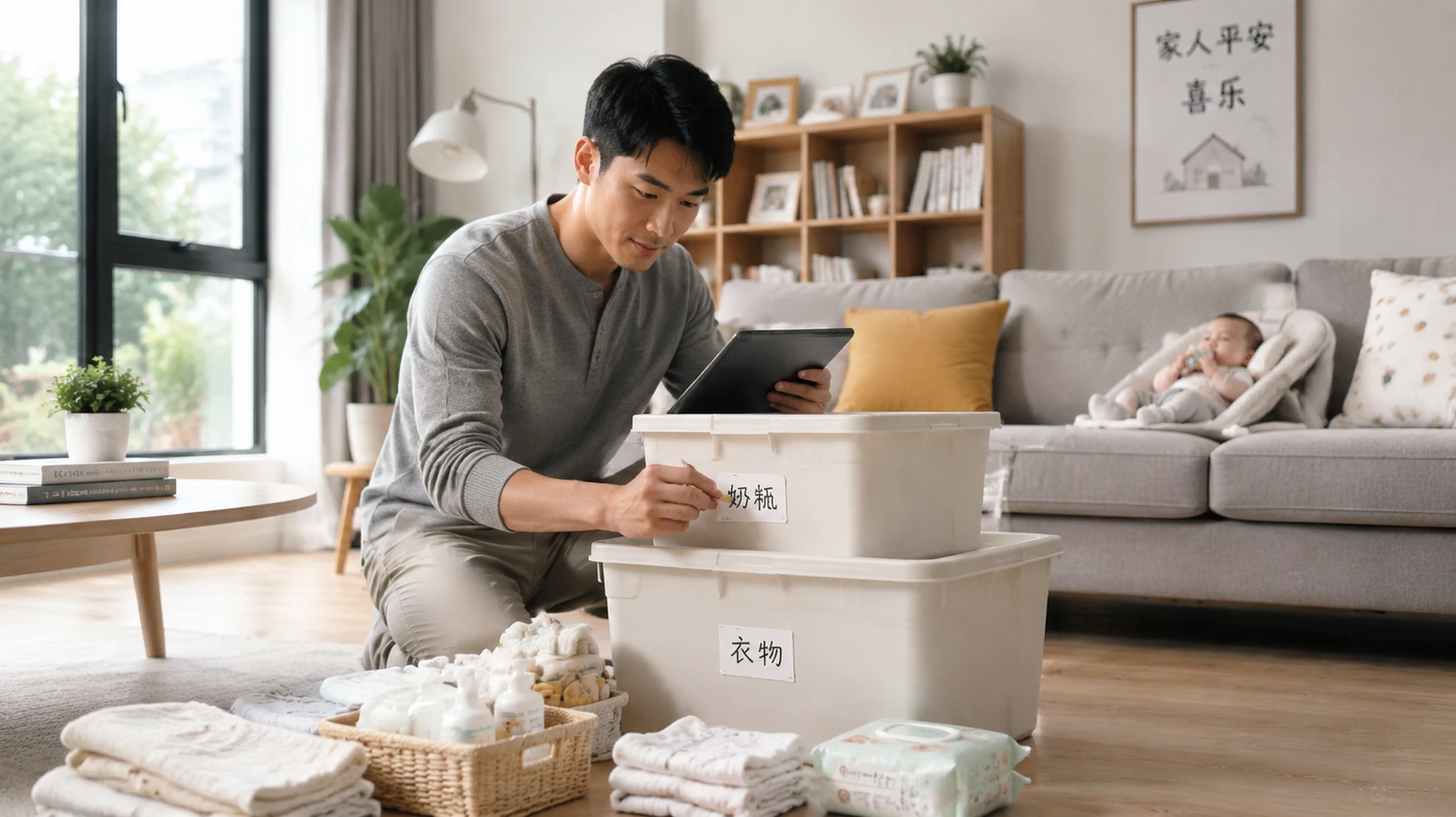 A responsible Chinese young father organizing baby