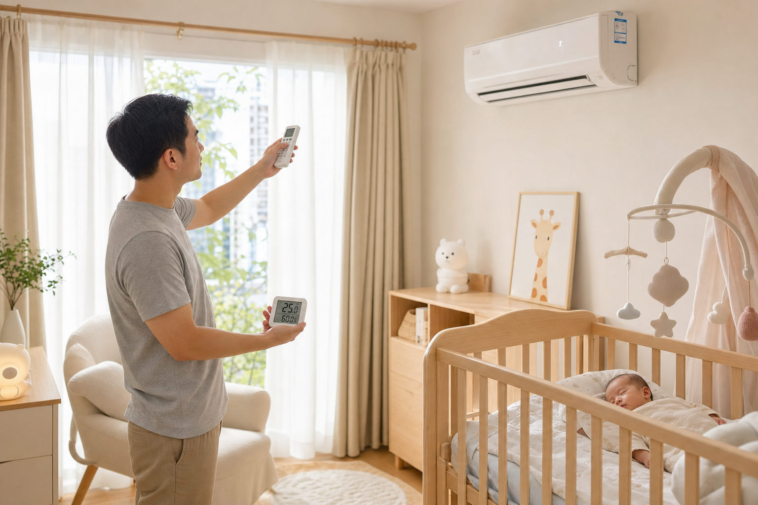 A bright and cozy modern baby room in summer. A yo