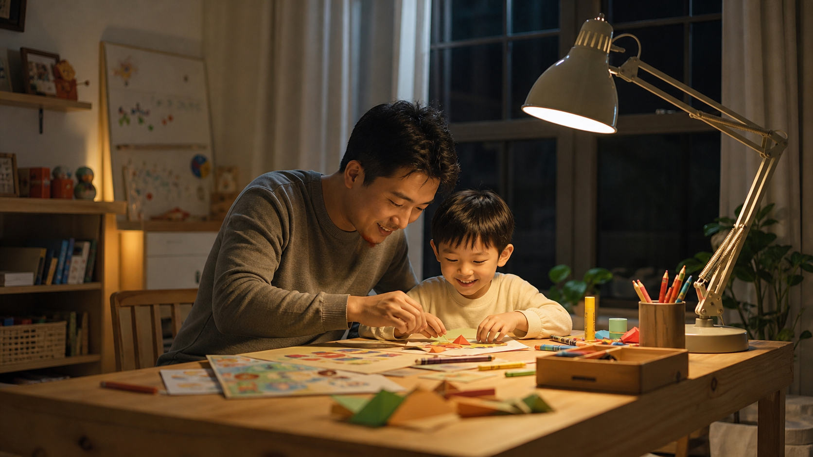A warm and cozy children's art workspace by the wi