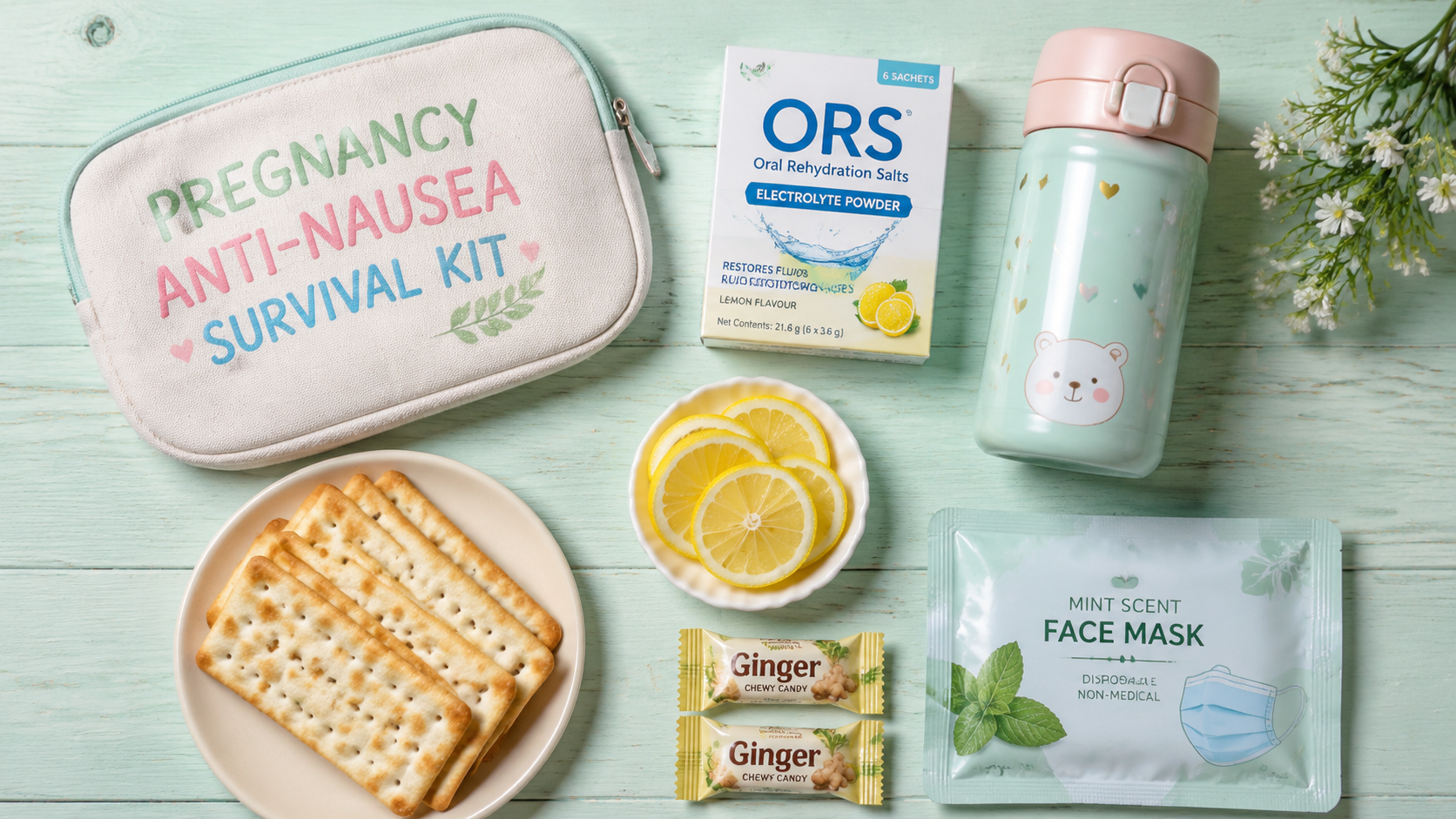 A flat lay top-down view of a pregnancy anti-nause