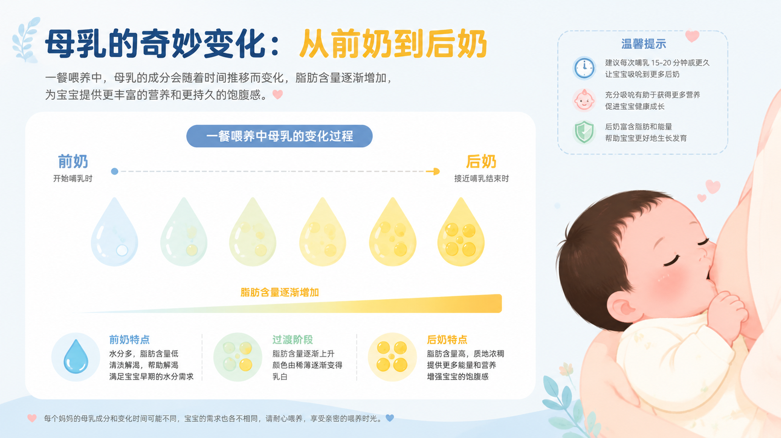 极简科普插画，展示母乳从前奶到后奶的渐变过程，用水滴和渐变色彩表示脂肪含量的逐渐增加，旁边有一只可爱