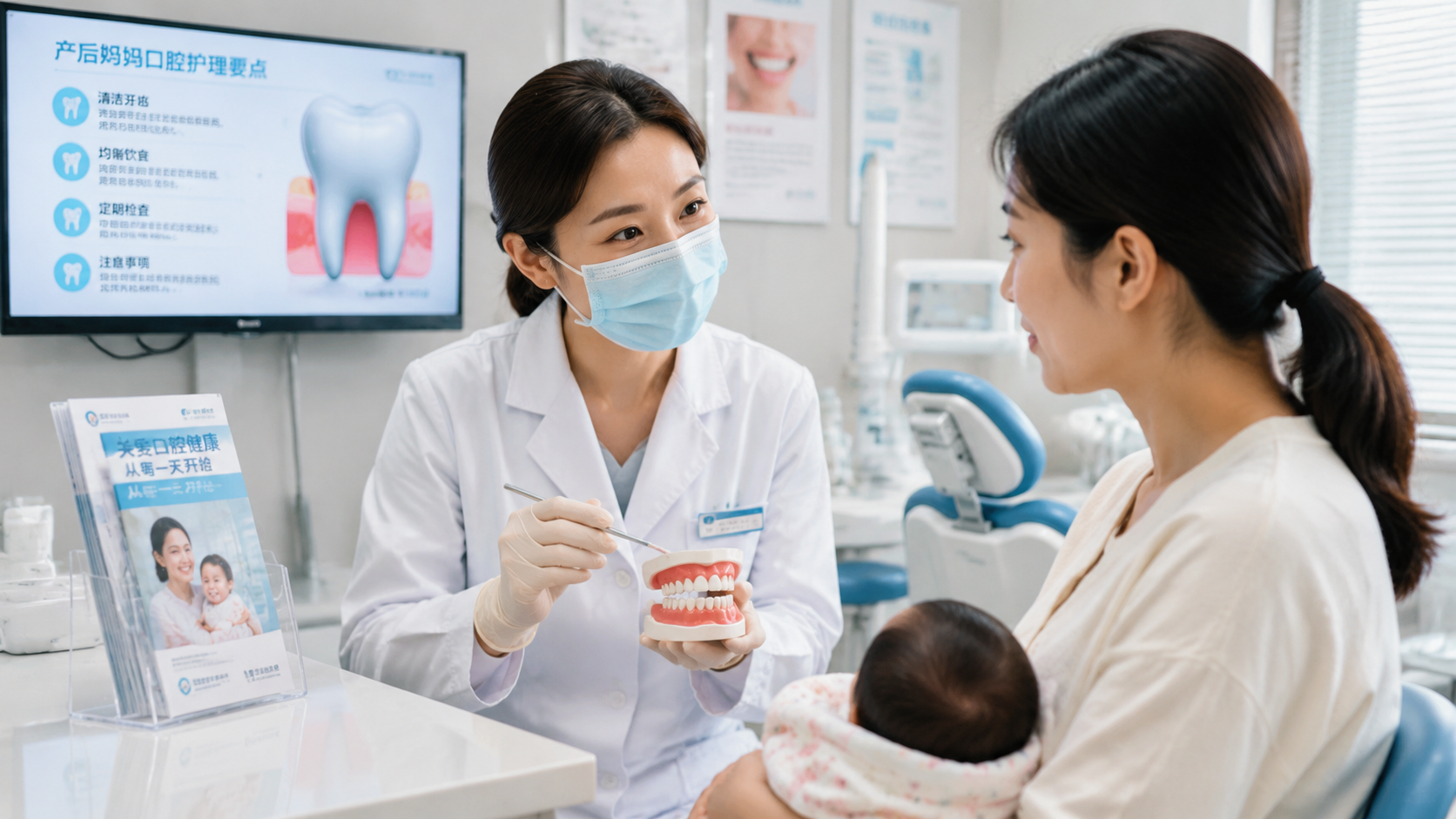 A professional Chinese female dentist in a white c