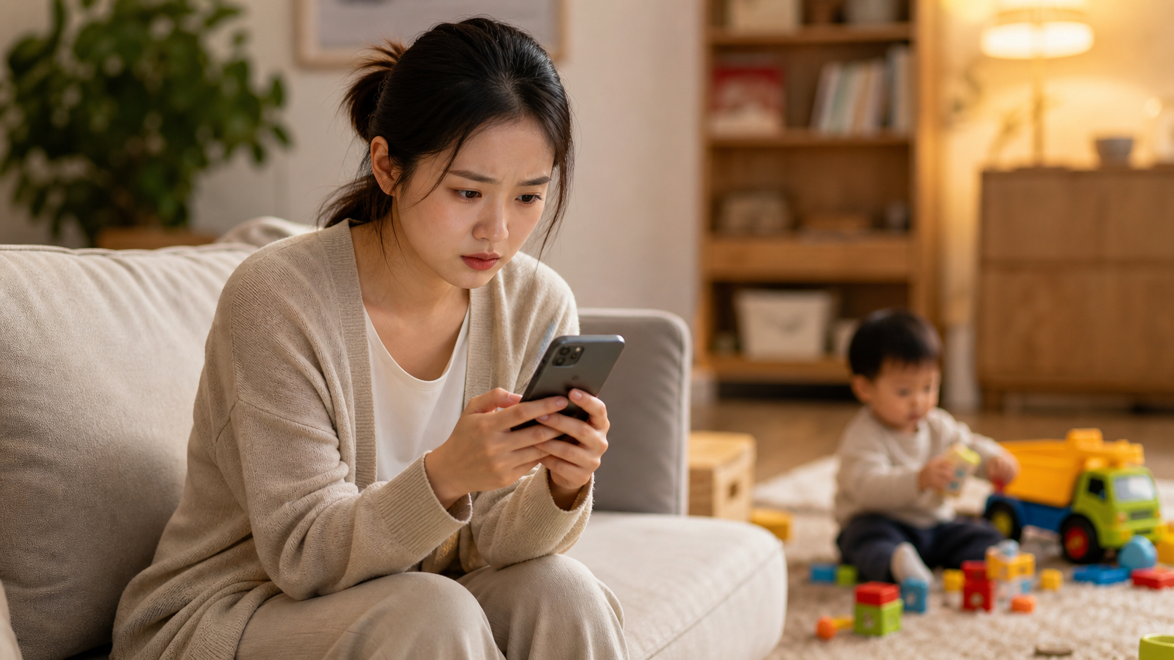 A Chinese young mother looking at her smartphone w