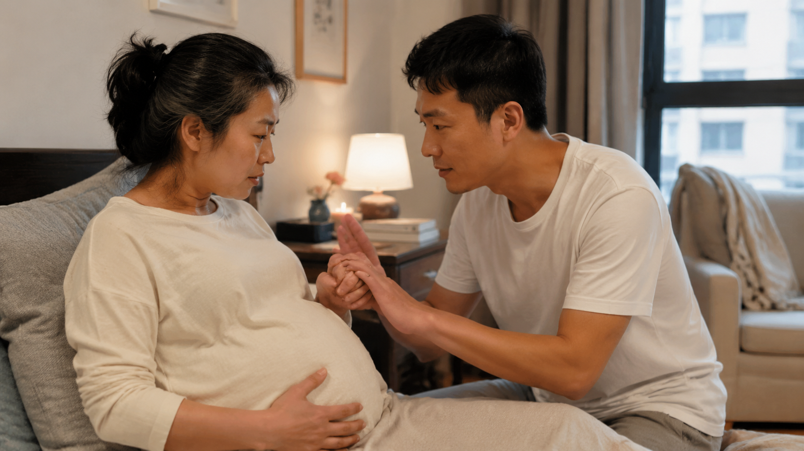 A realistic photography of a caring Chinese husban