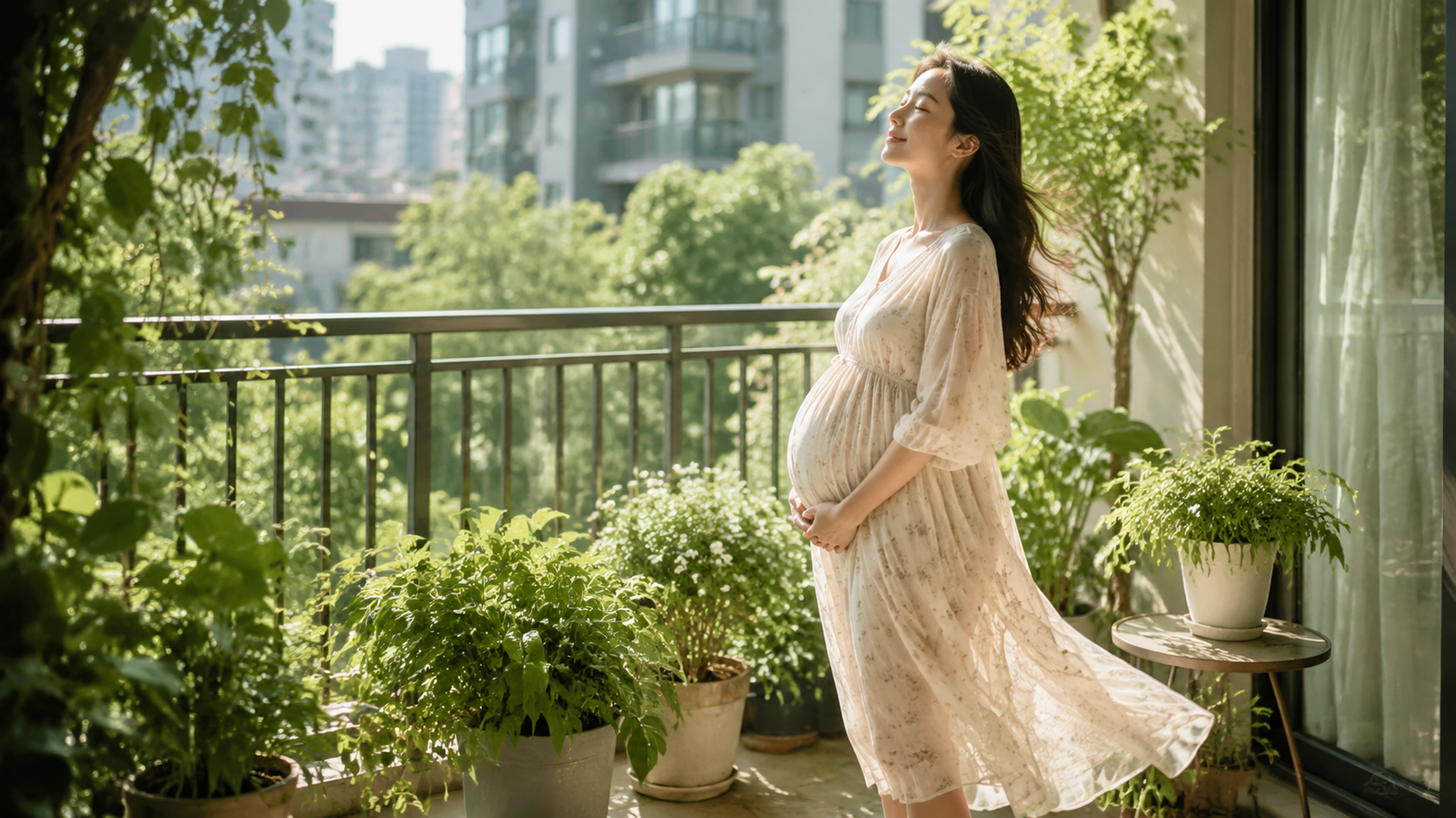一位美丽的中国孕妇站在充满绿植的阳台上，初夏的早晨，阳光柔和，微风吹拂着她的裙摆。她闭着眼睛享受微风