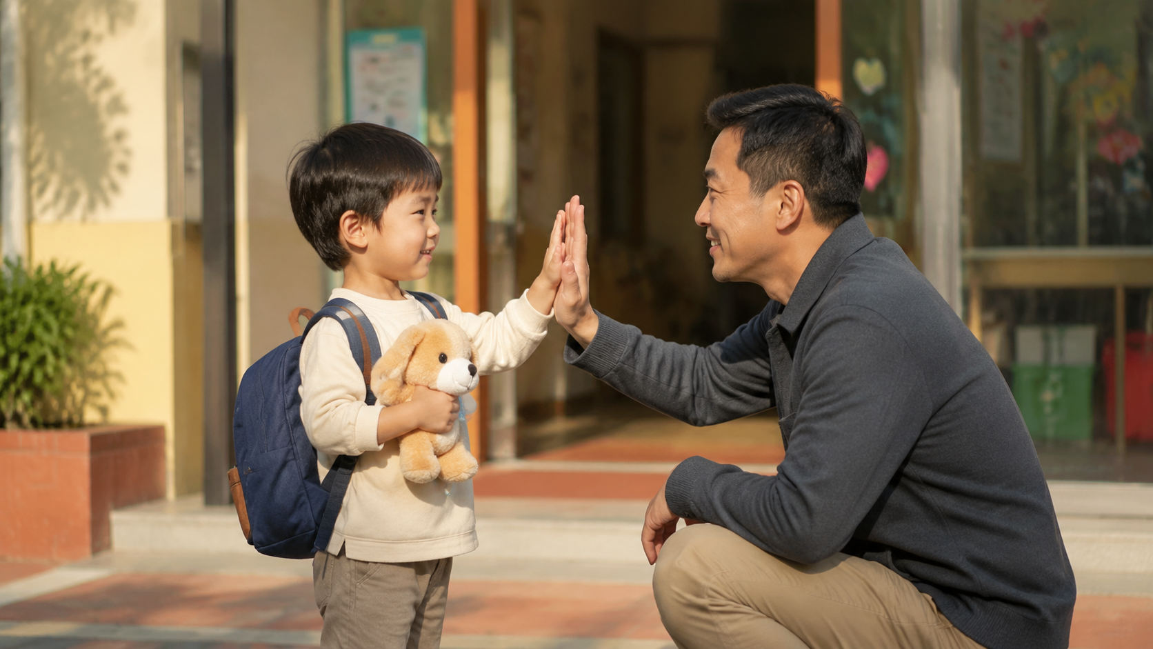 A photorealistic image of a Chinese father and his