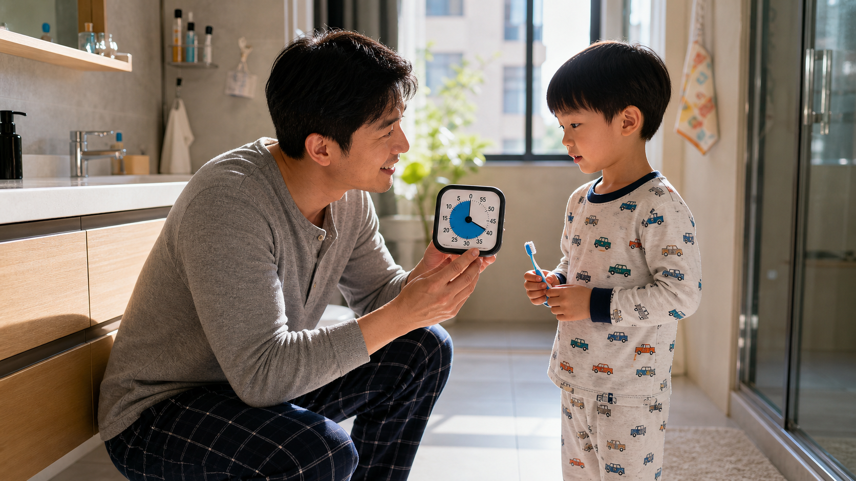 A gentle Chinese father kneeling down to show a cu