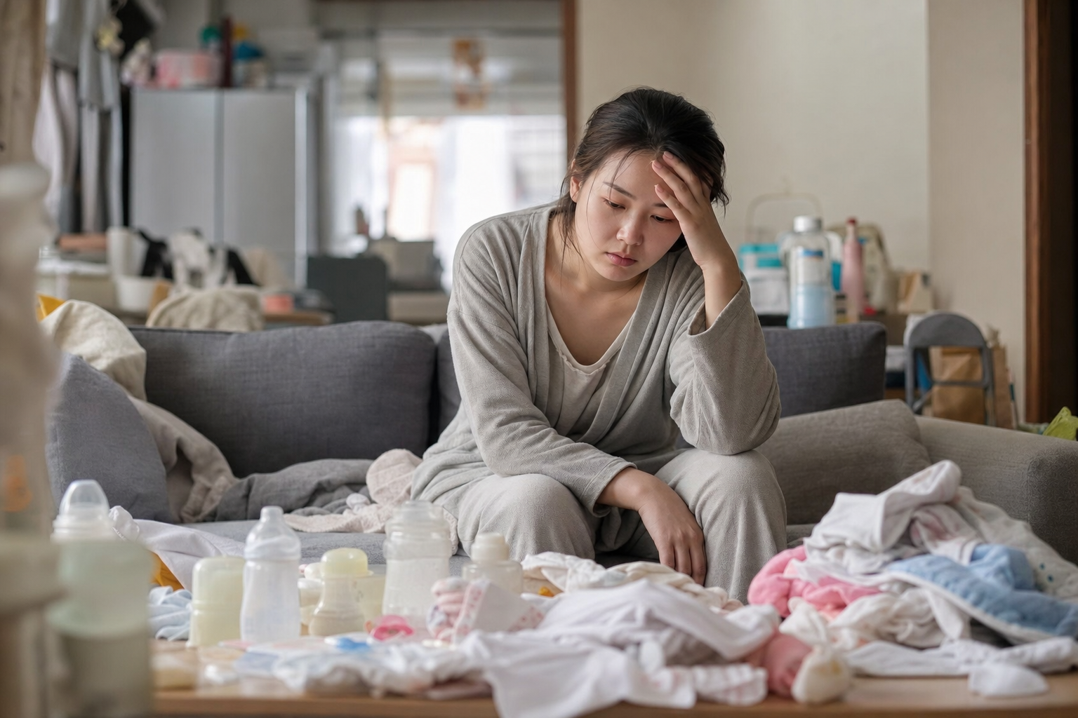 A realistic photo of a young Chinese mother sittin