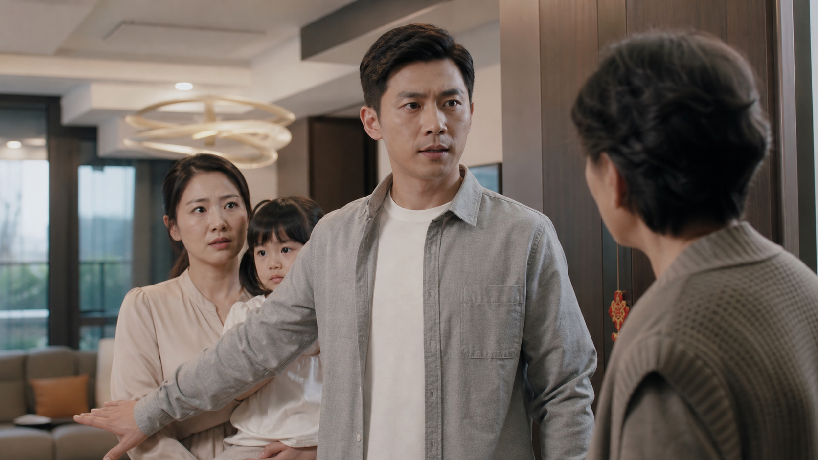 A realistic photo of a young Chinese father standi