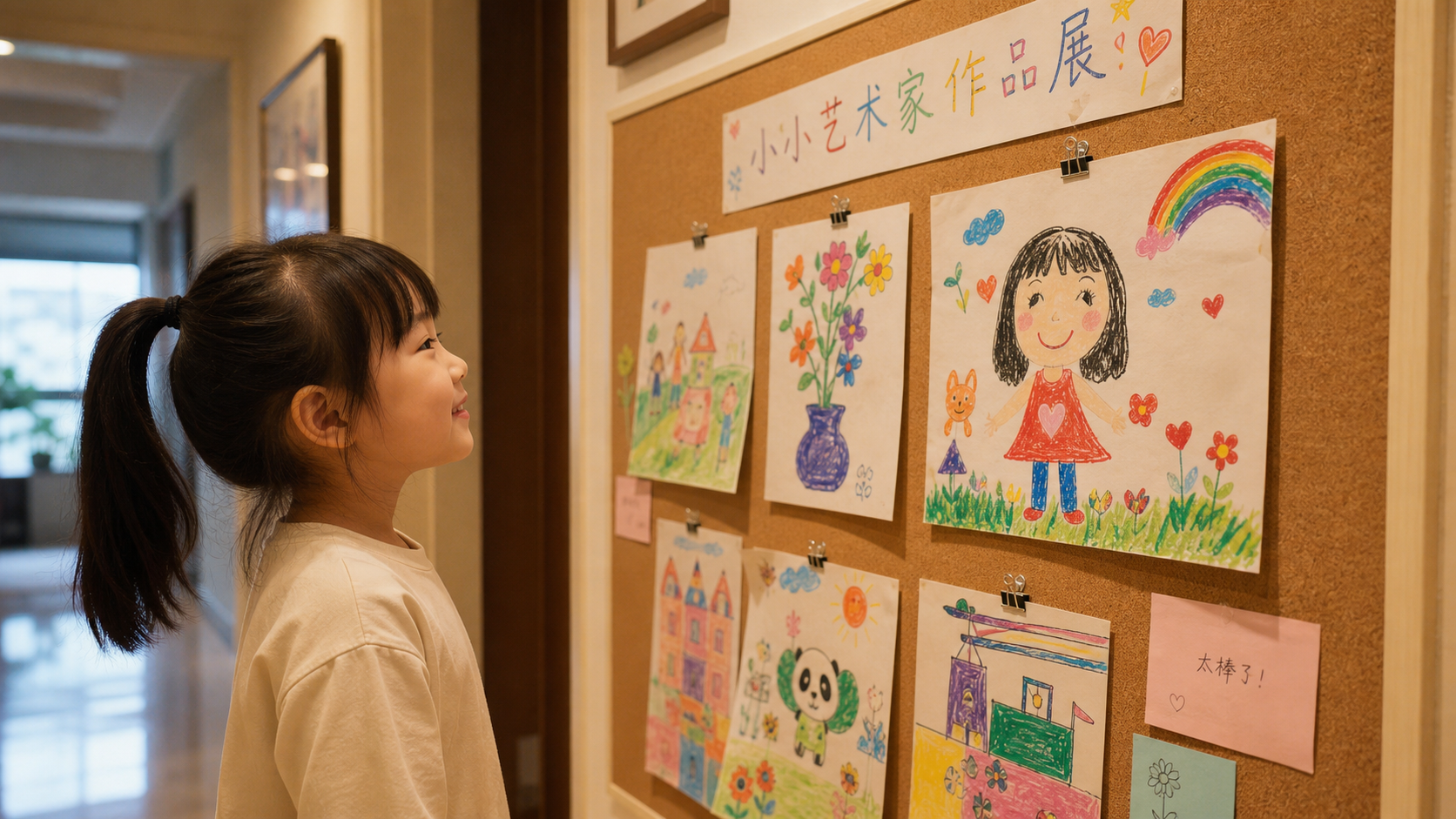 A small art exhibition on a corkboard in the hallw