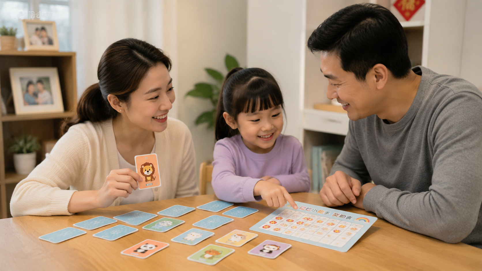 A Chinese family of three playing memory training 