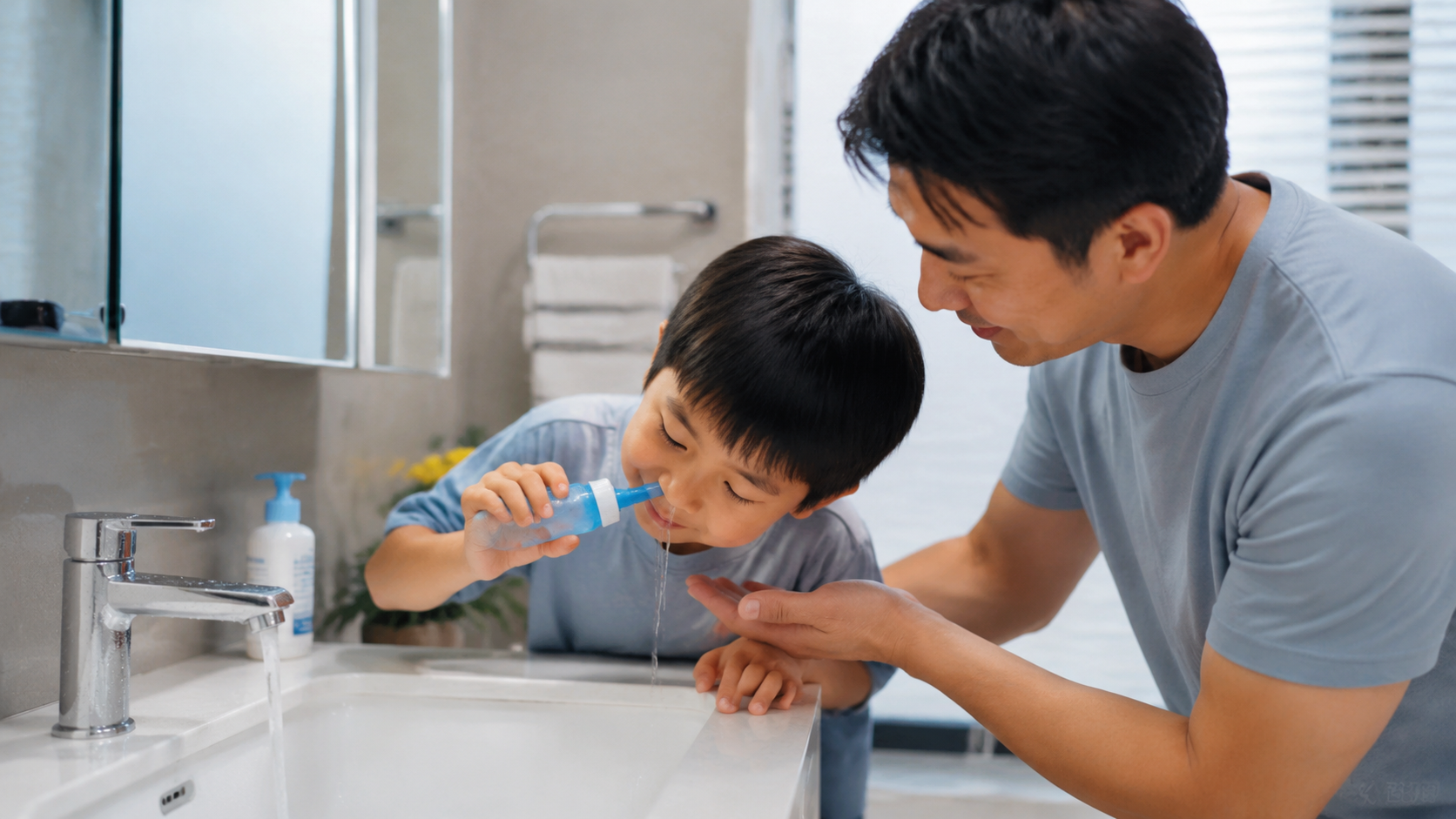 A caring Chinese father helping his 5-year-old chi