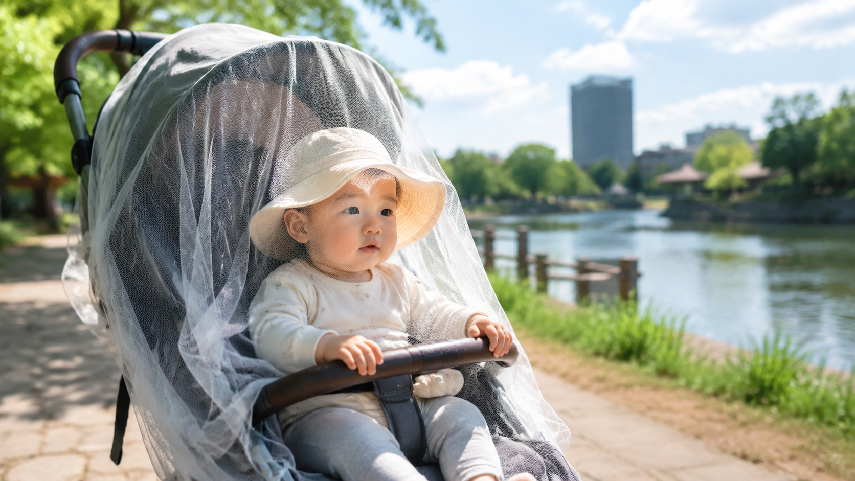 A bright and sunny outdoor photo of a cute 8-month