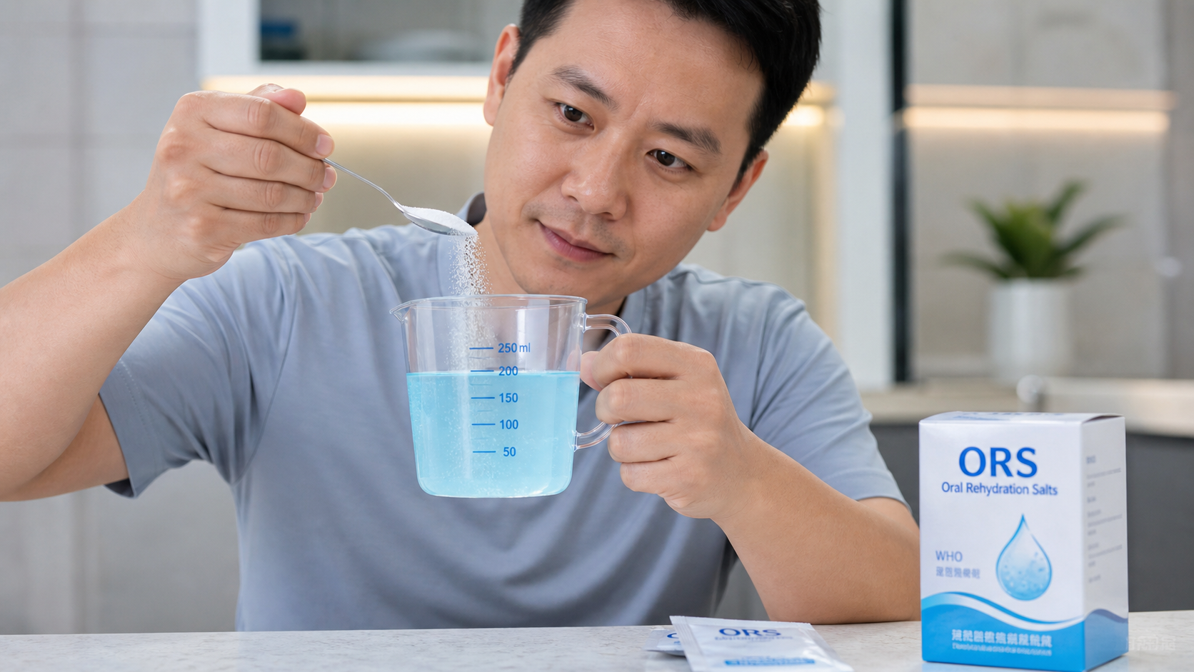 A close-up shot of a Chinese father carefully prep