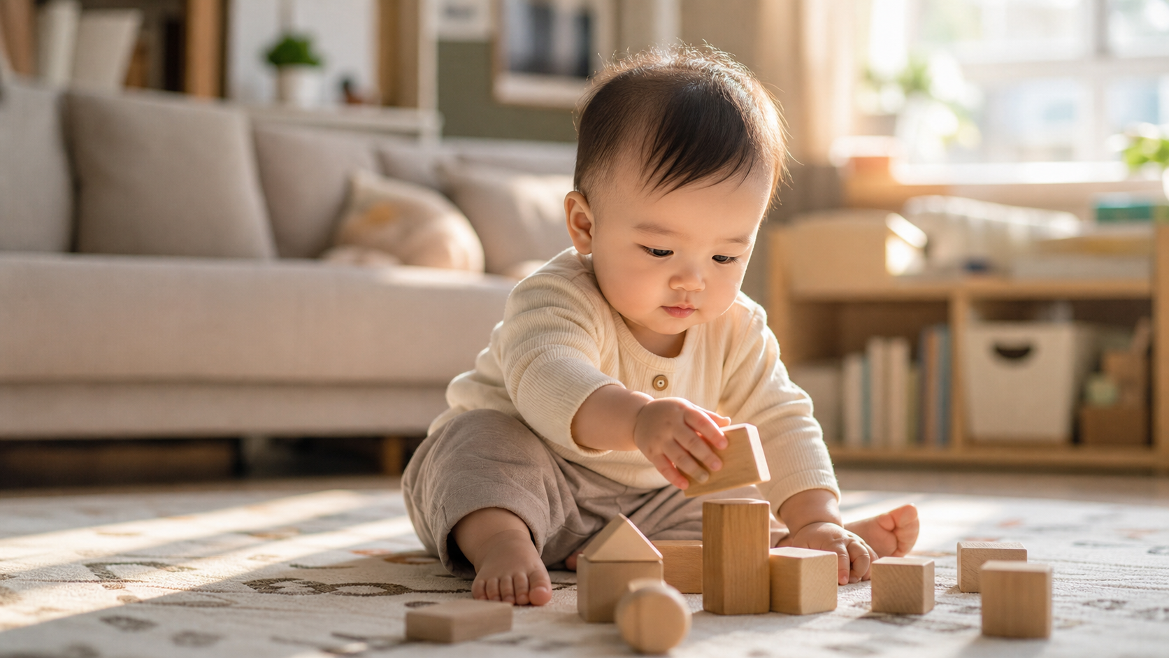 A cute 10-month-old Chinese baby sitting on a soft