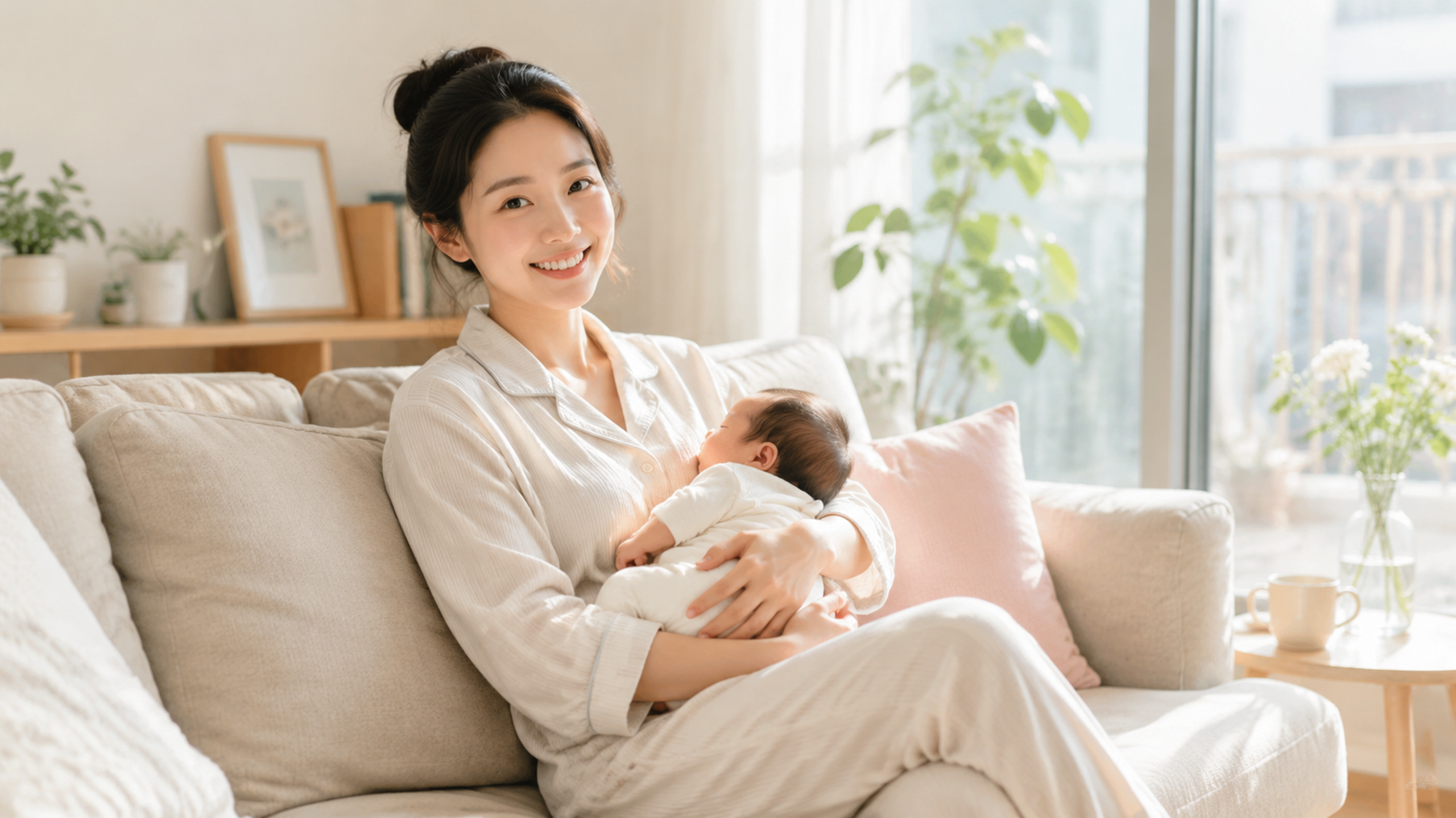 一位气色红润、笑容灿烂的中国年轻妈妈,穿着舒适柔软的居家服,轻松地坐在阳光明媚的客厅沙发上,展现出产