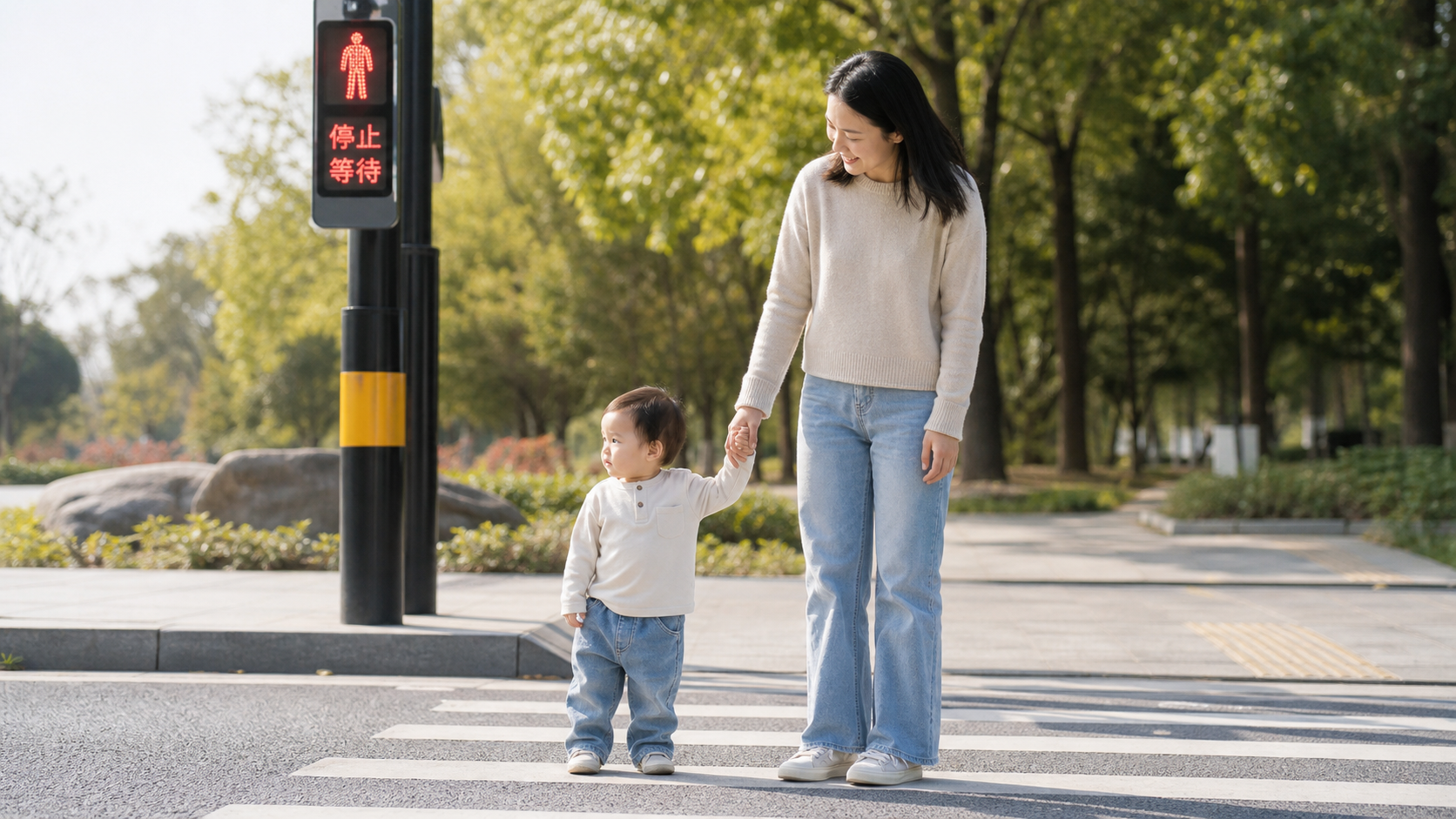 A warm outdoor scene of a Chinese mother holding h