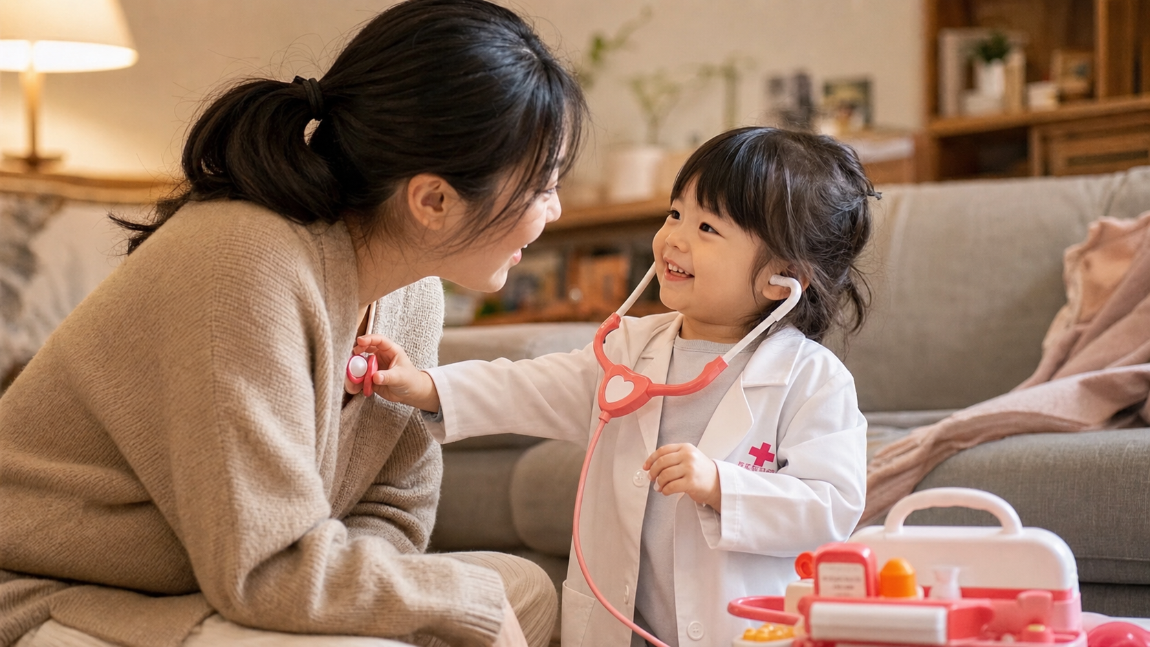 A gentle Chinese mother playing a doctor role-play