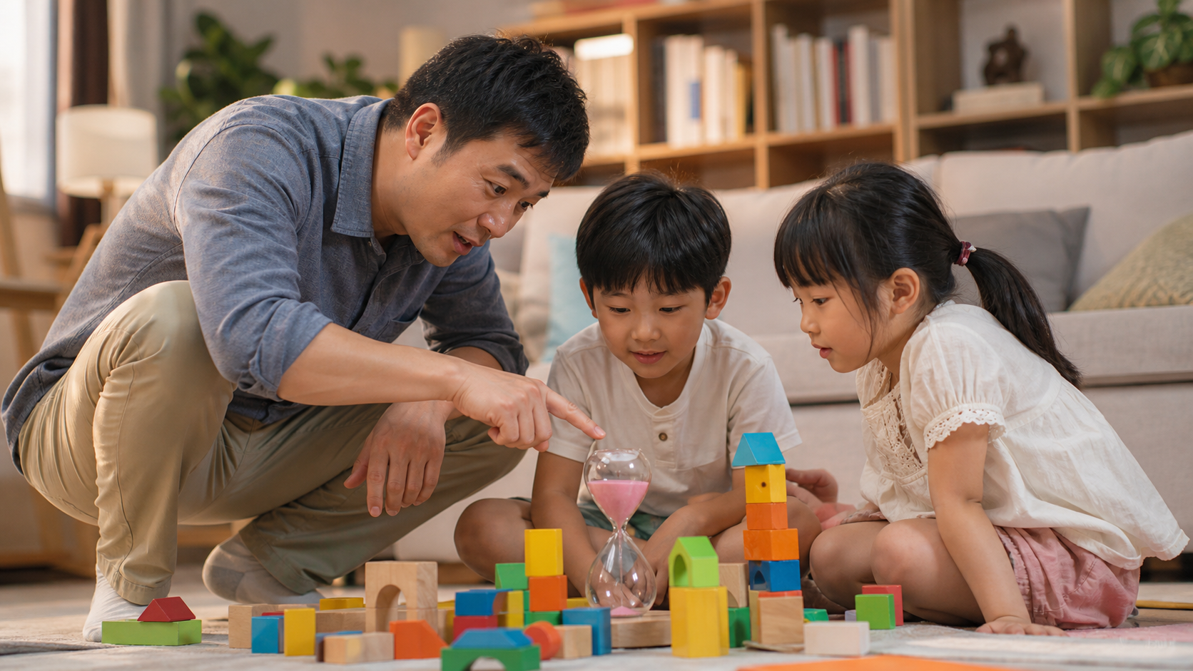 A gentle Chinese father squatting down next to two