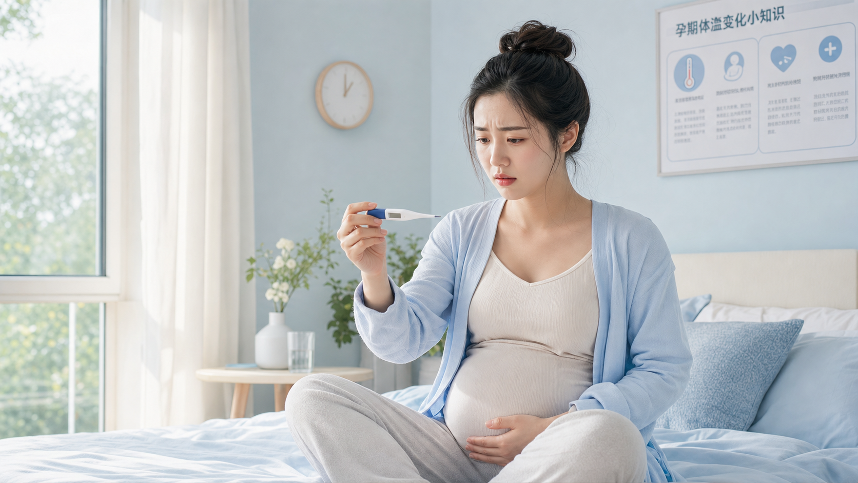 一位年轻美丽的中国孕妇坐在温馨的卧室床上，手里拿着体温计，表情有些疑惑和微微的焦虑。阳光透过窗户洒在