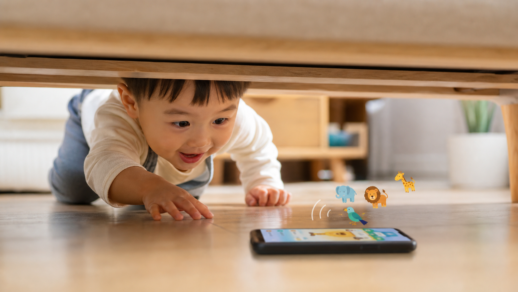 A cheerful Chinese toddler searching for a hidden 