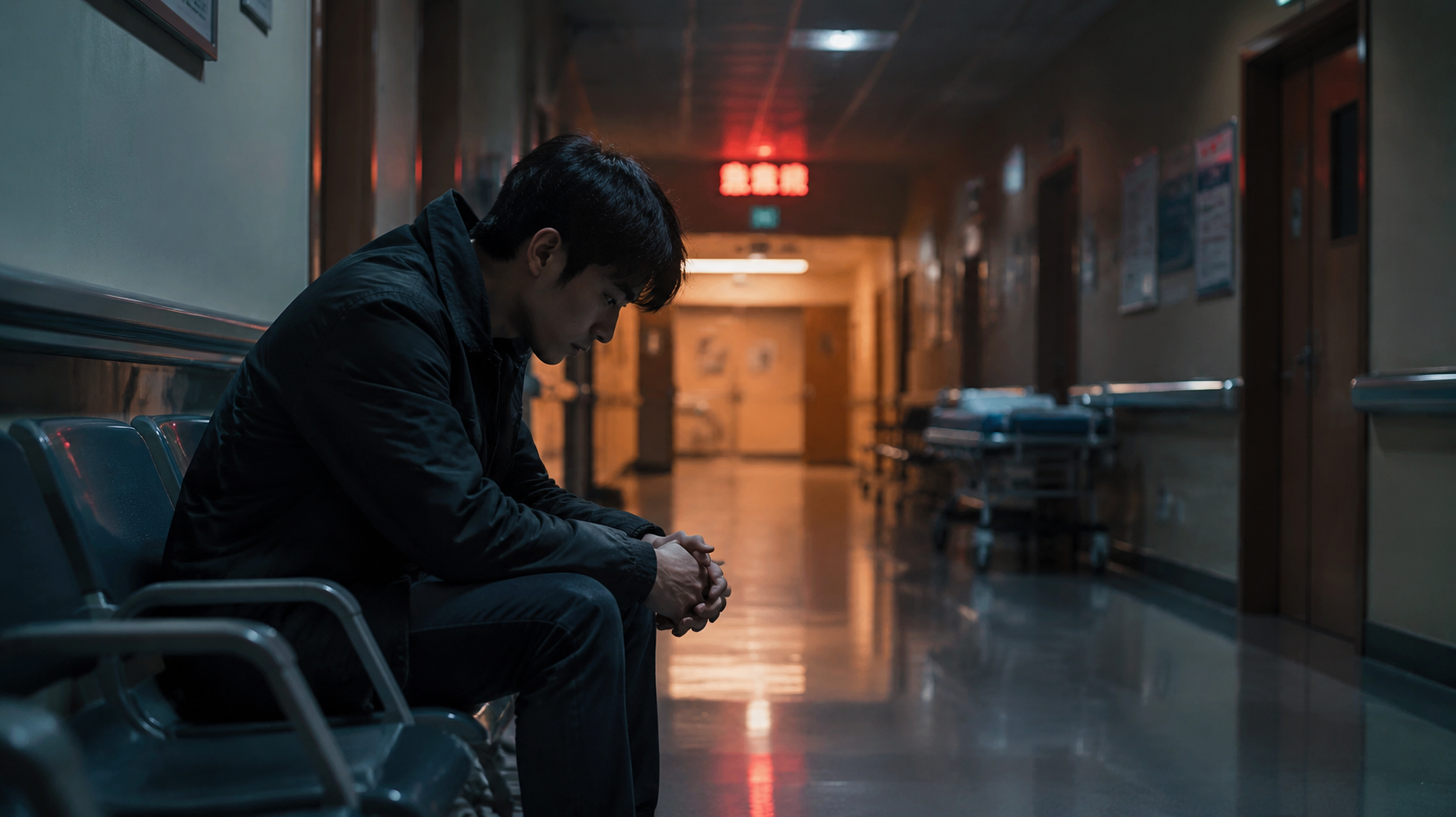 A cinematic shot of a young Chinese man sitting on