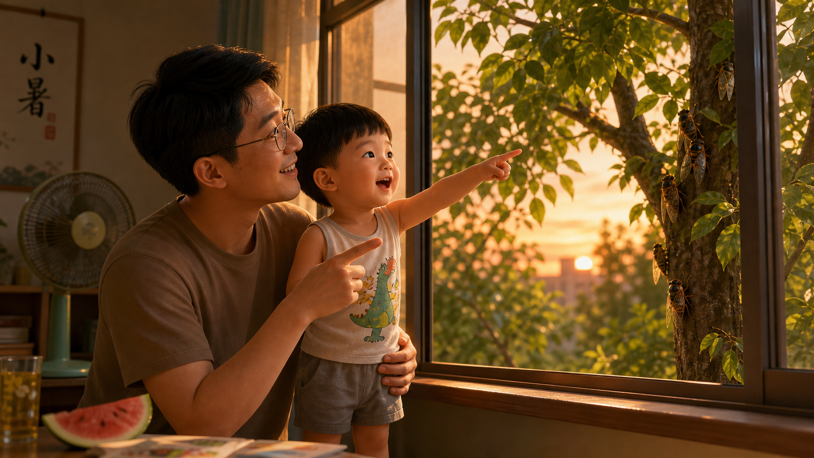 A cute Chinese toddler and father standing by a la