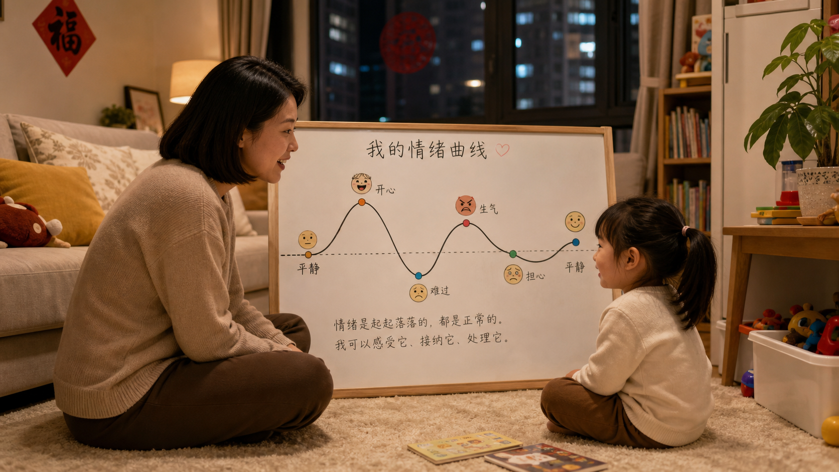 A cozy living room scene in a Chinese home at even