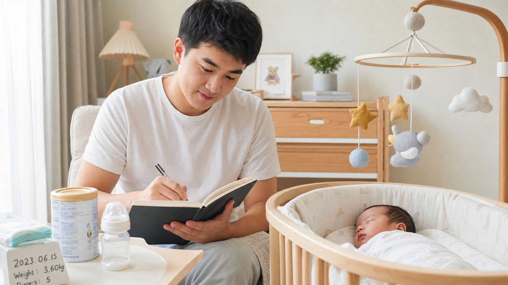A caring young Chinese father writing in a noteboo