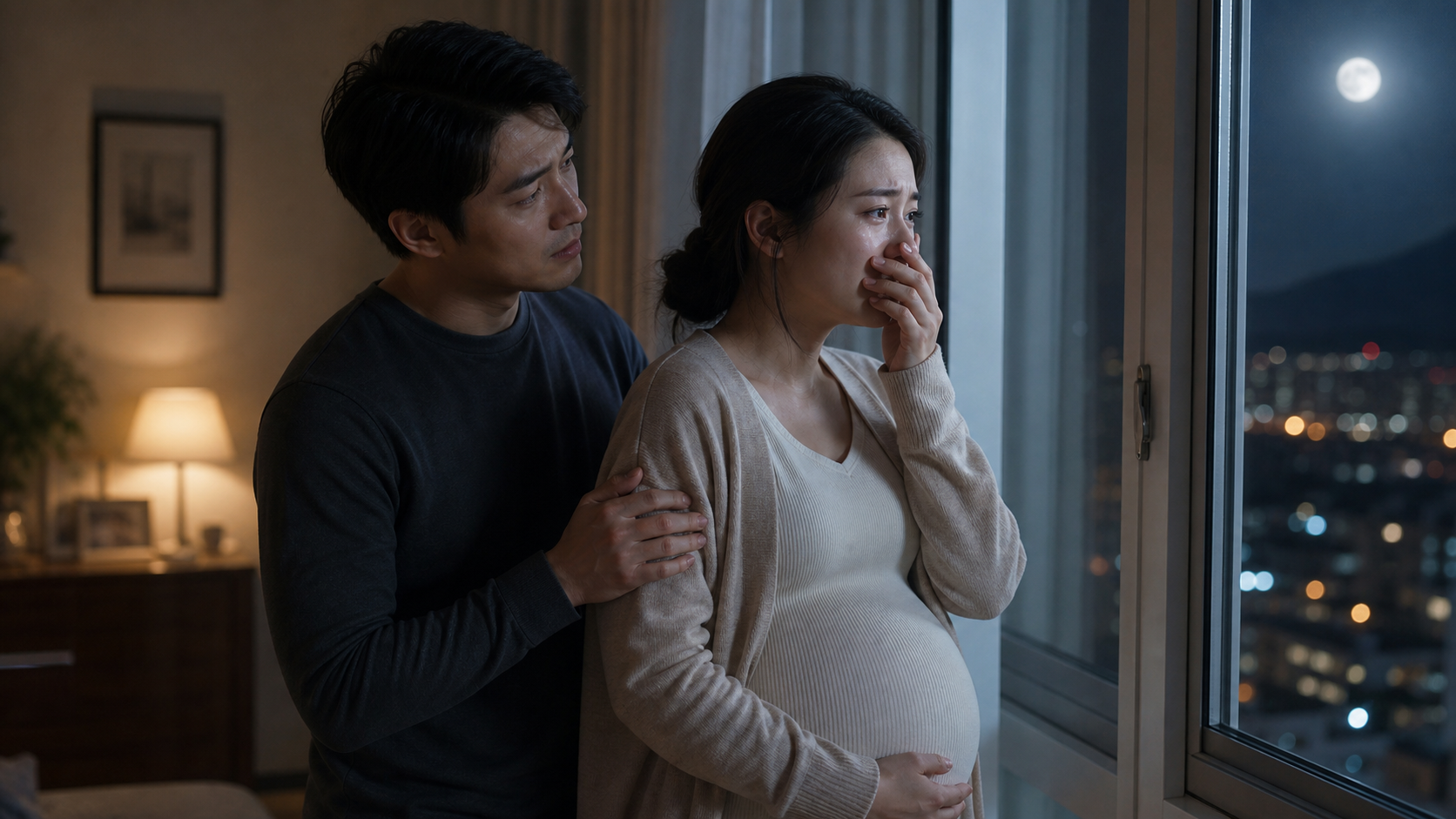A cinematic shot of a young Chinese pregnant woman