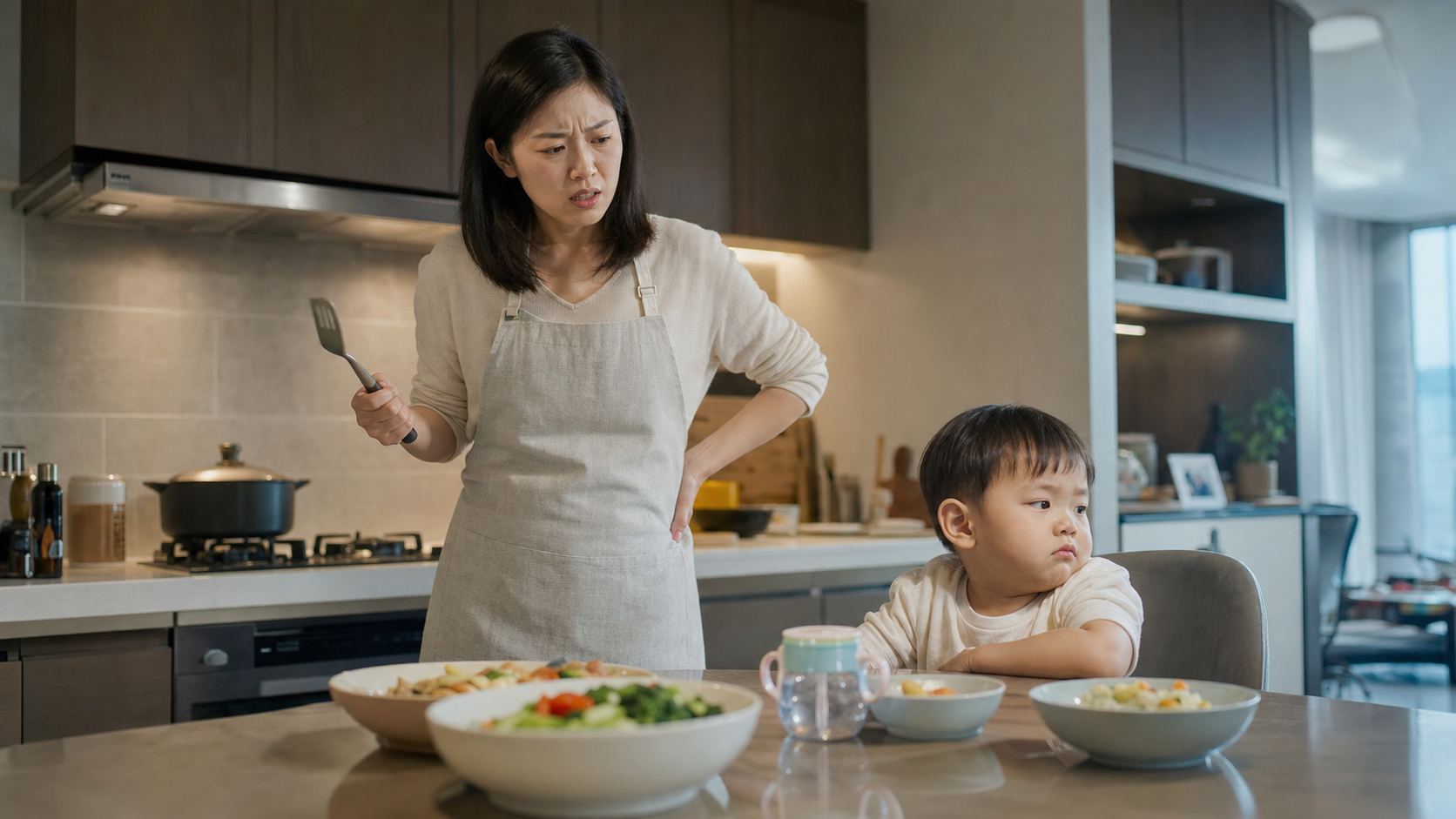 A Chinese mother standing in a modern kitchen, loo