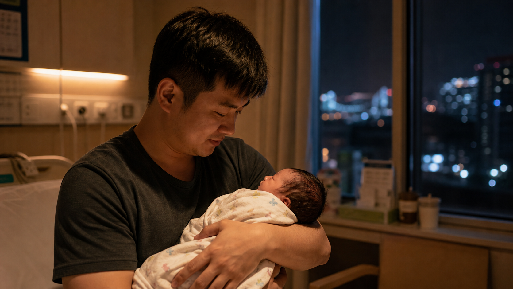 A heartwarming scene of a young Chinese father car