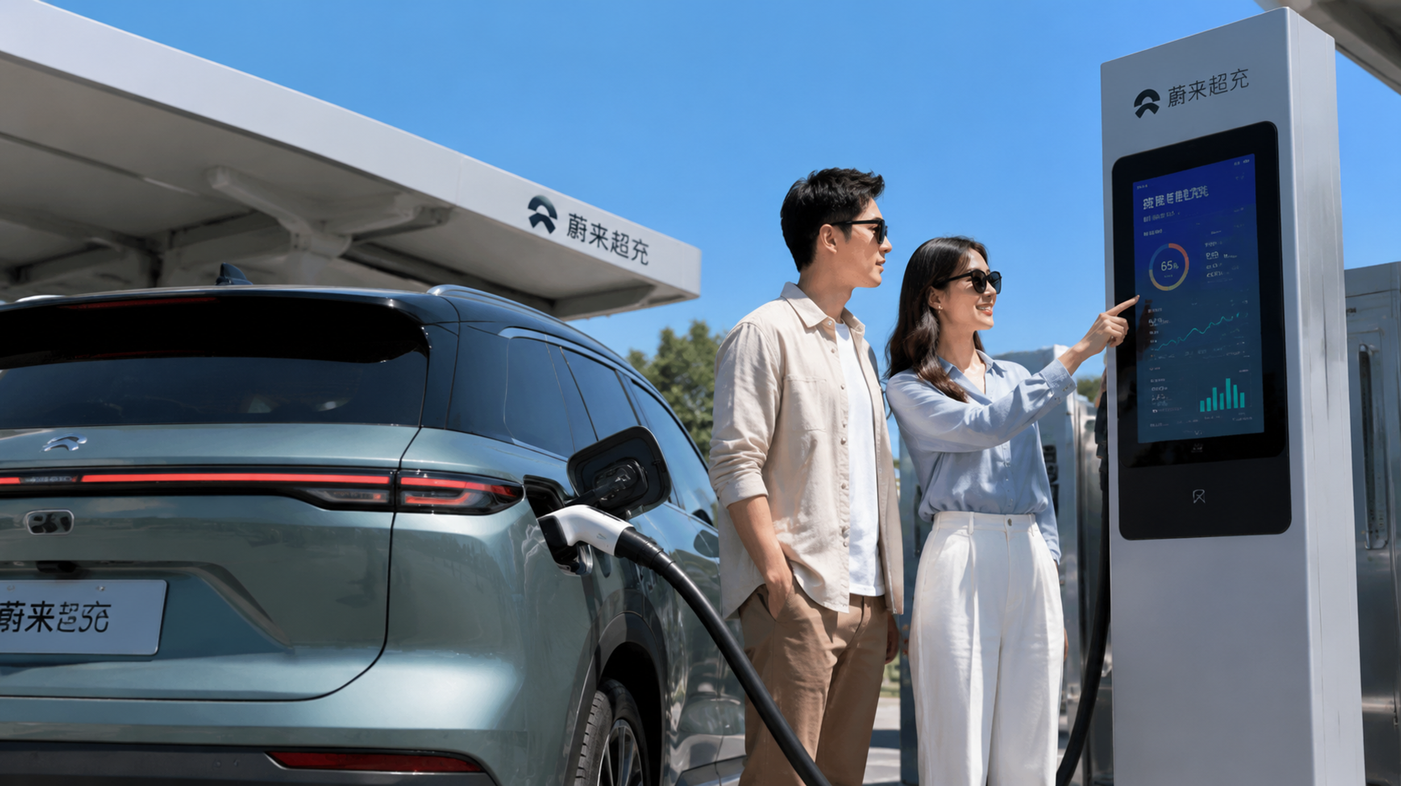 A modern Chinese couple standing next to a futuris
