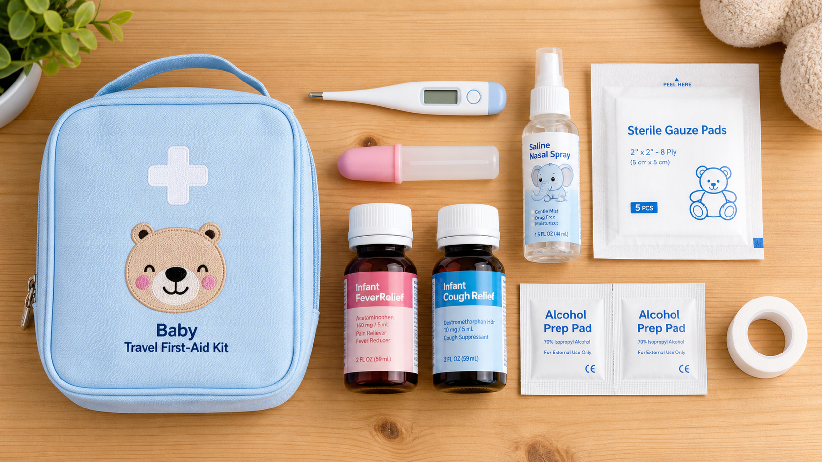 A flat lay top-down view of a baby's travel first-