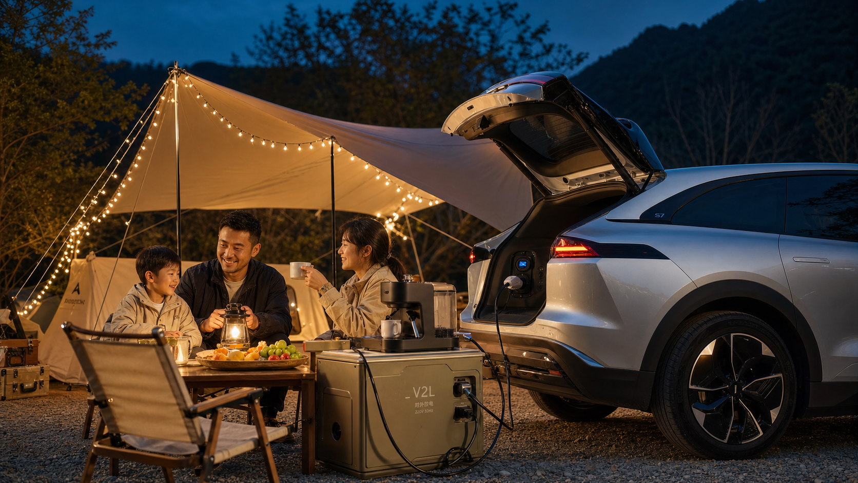 A happy Chinese family camping outdoors next to th