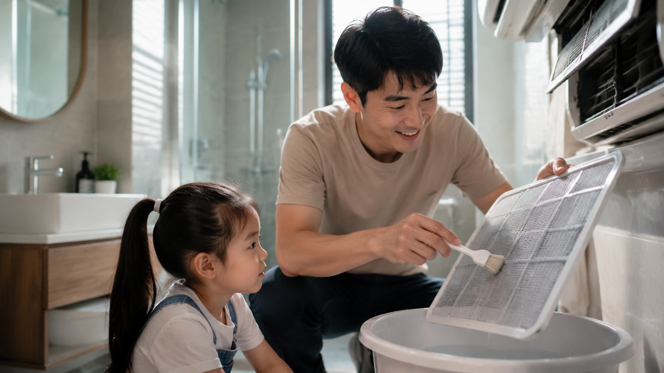 A caring young Chinese father carefully cleaning a