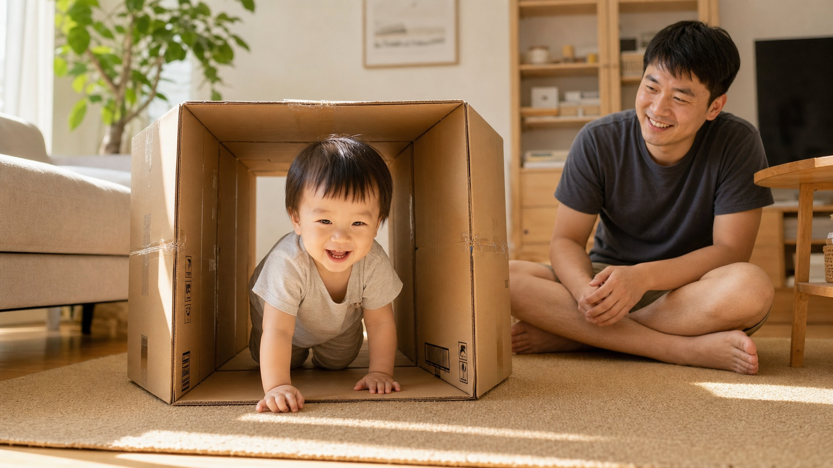 A cute 2-year-old Chinese toddler crawling happily