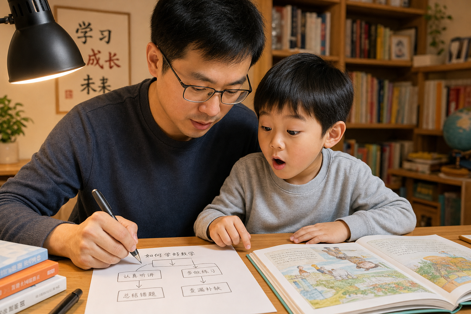A Chinese father and his 5-year-old child sitting 