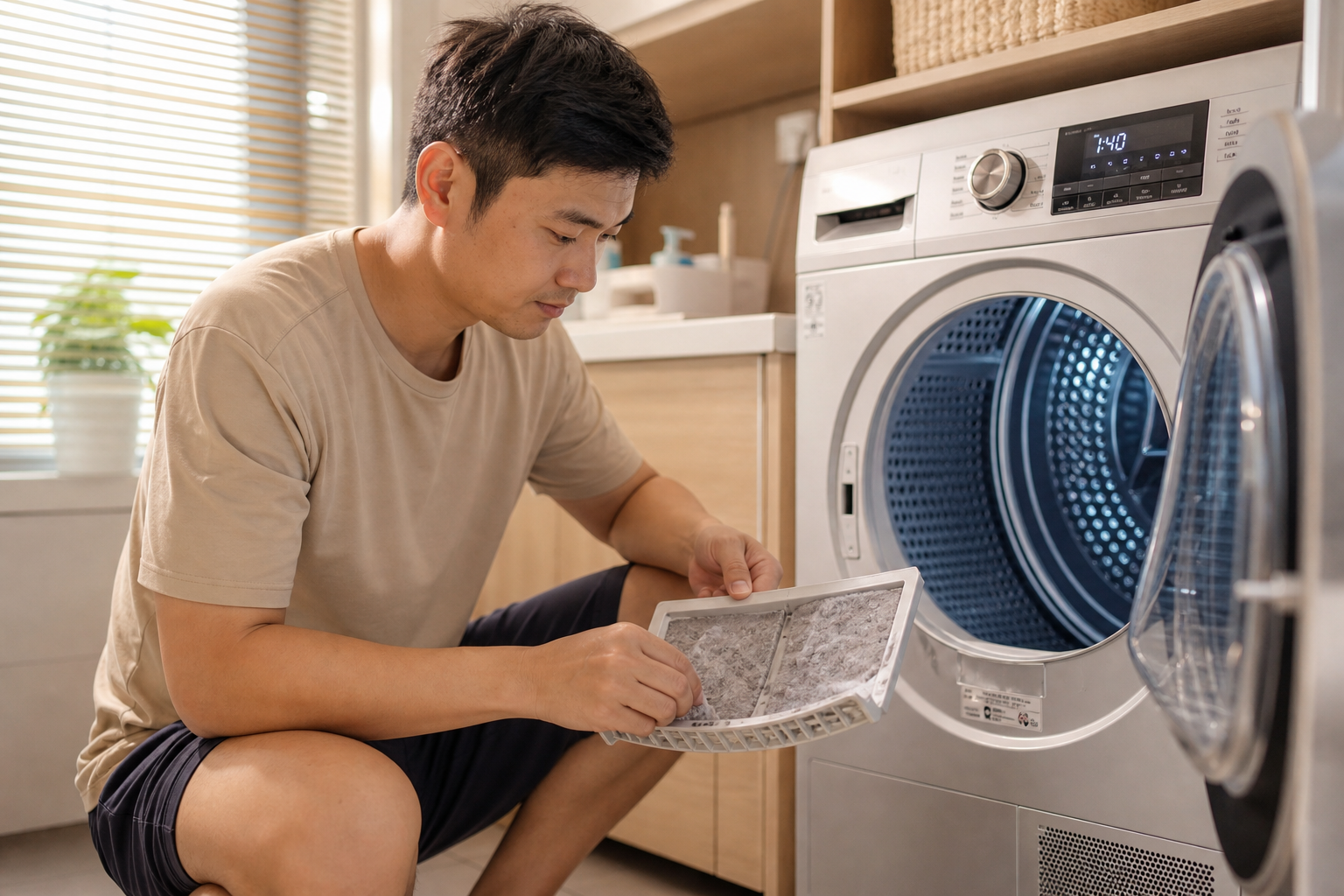 A Chinese young father cleaning the lint filter of
