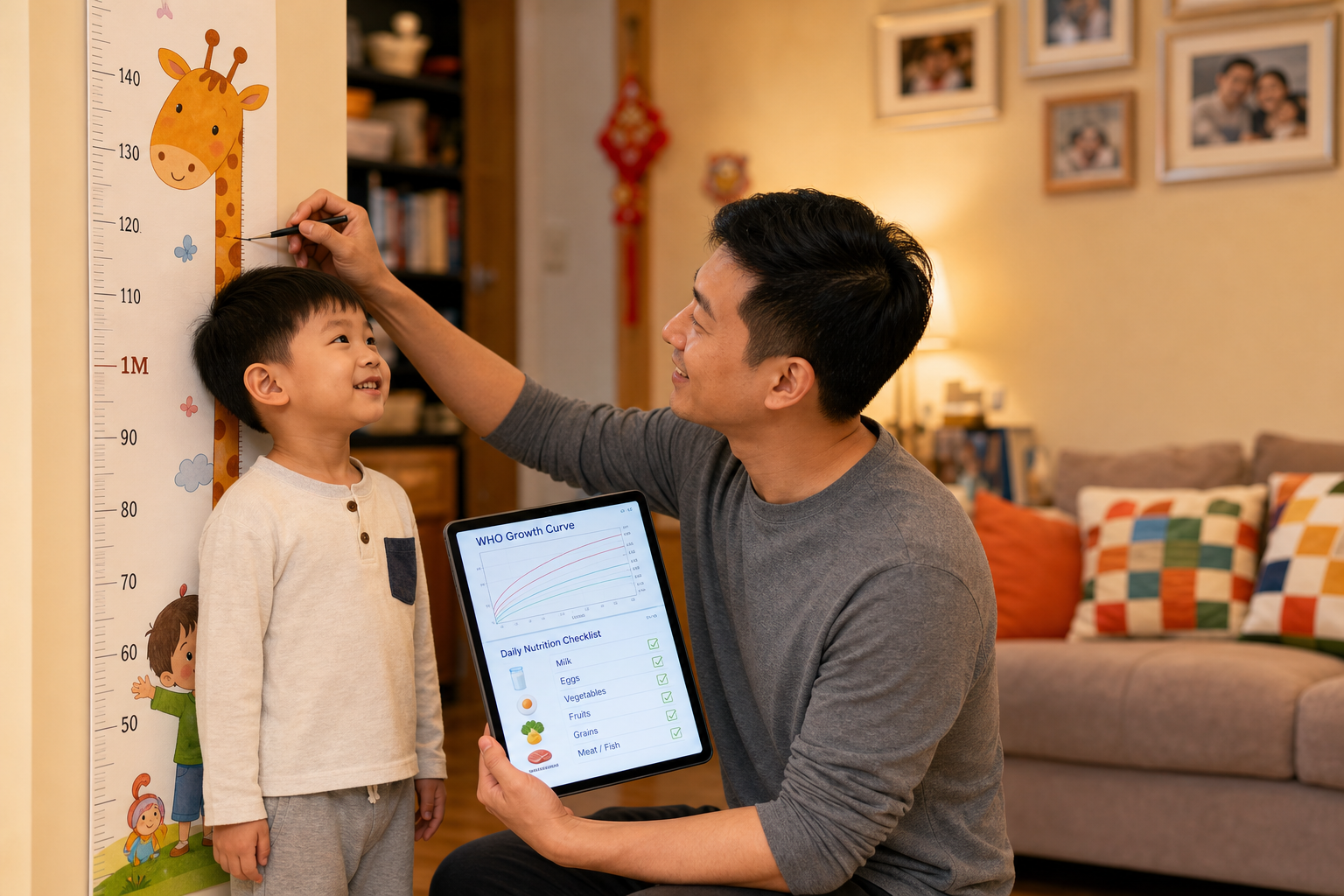 A heartwarming scene of a young Chinese father and