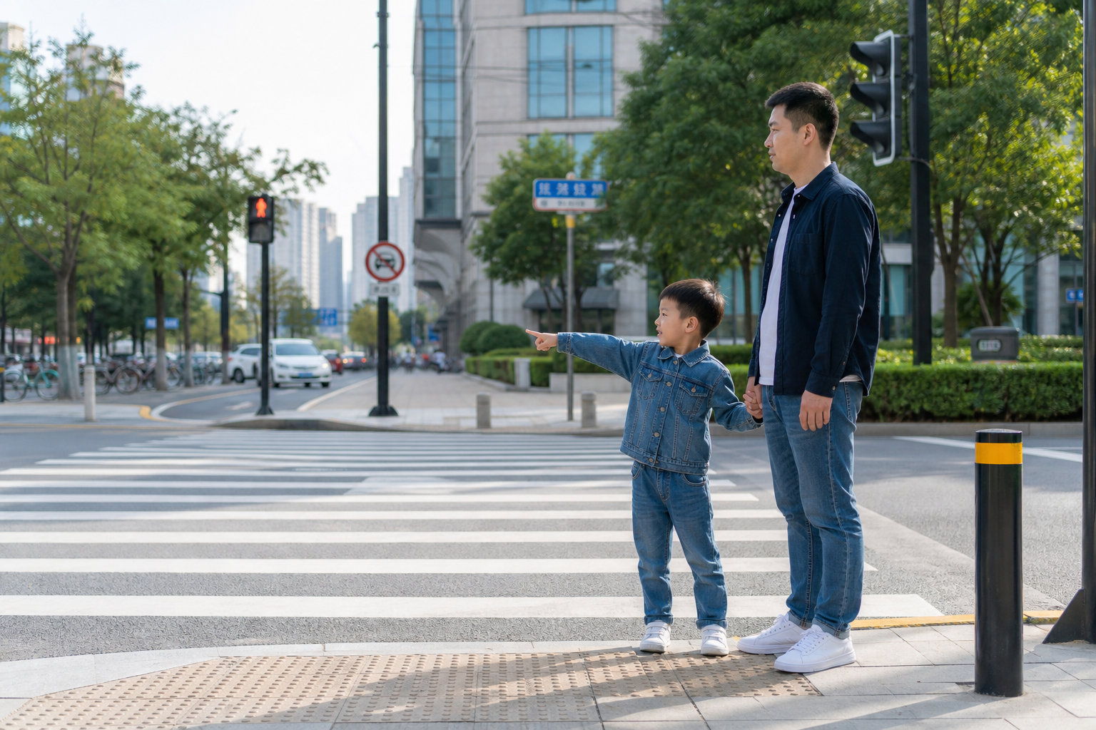 A cute 5-year-old Chinese boy standing at a crossw