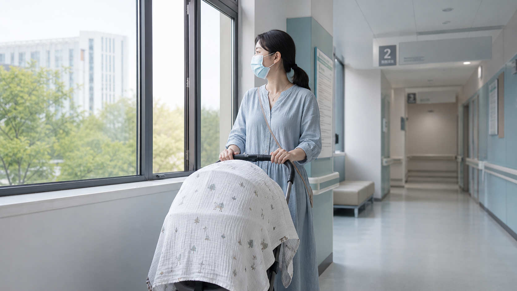 A bright, clean hospital clinic corridor with natu