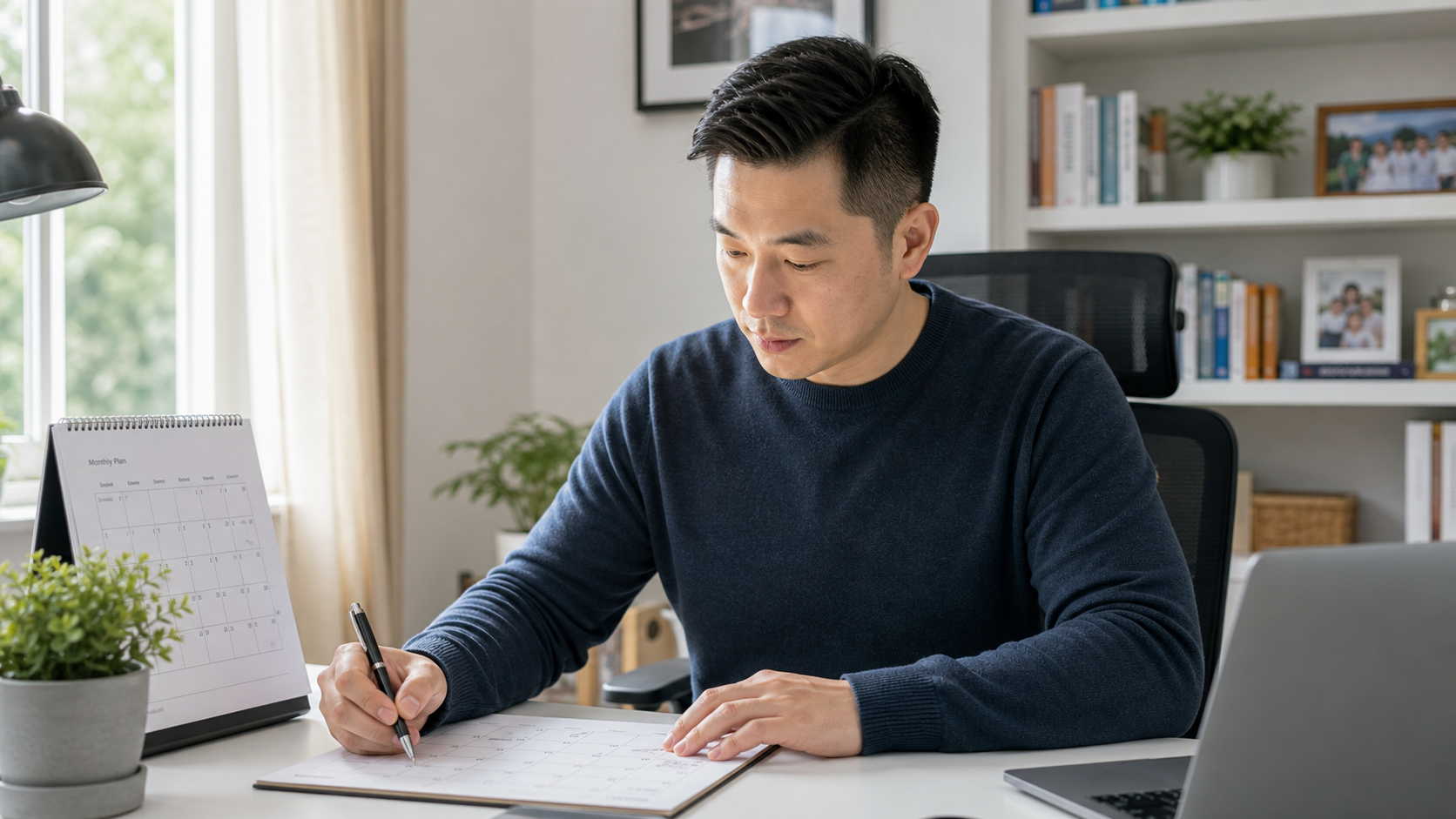 A focused Chinese young father sitting at a bright